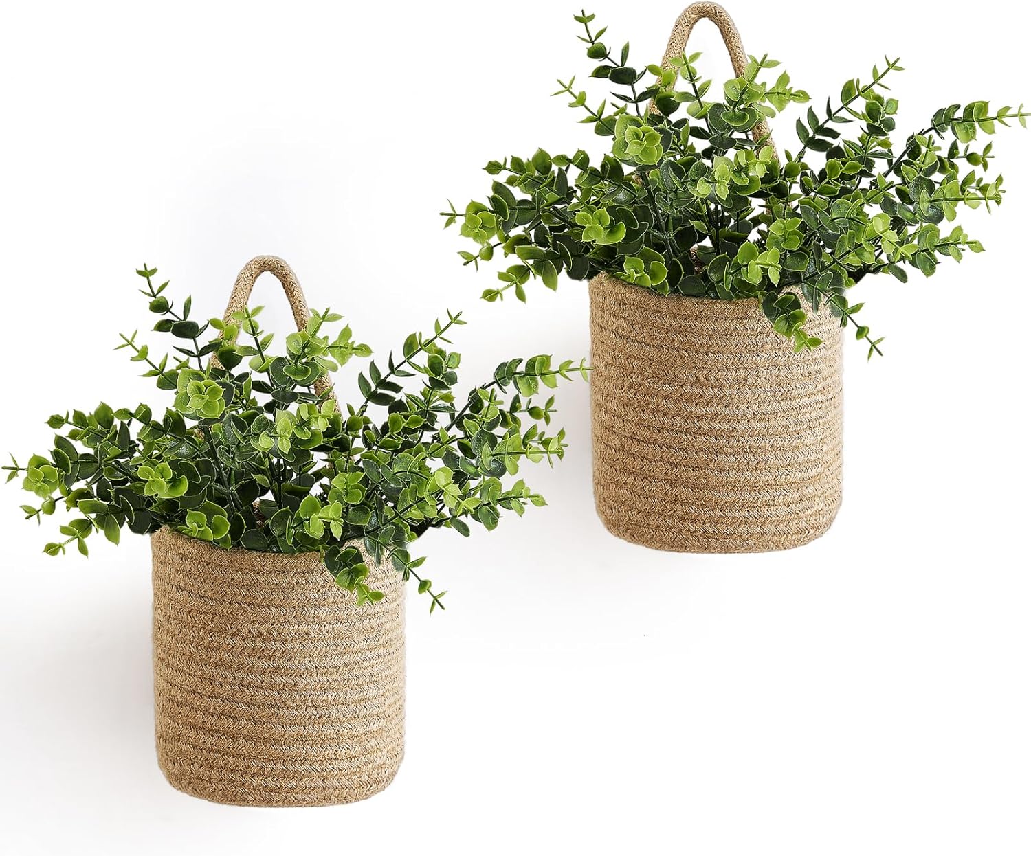Dahey 2 Pack Wall Hanging Rope Basket (6.5"W×7"H) with Artificial Eucalyptus, Jute Woven Storage Organizer Flower Plants Basket Farmhouse Rustic Wall Decor for Porch Living Room Bedroom Entryway,Brown