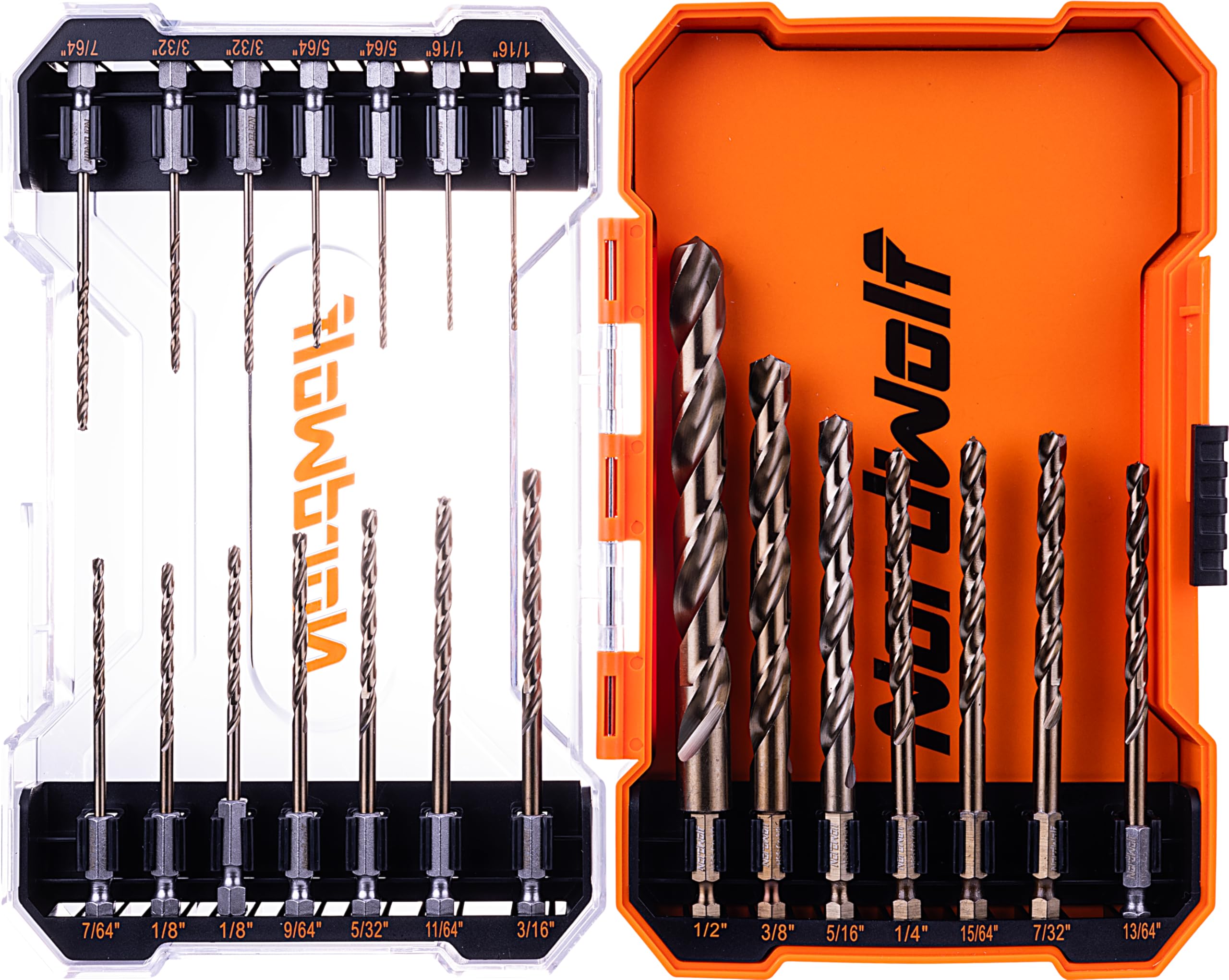 NordWolf 21-Piece M35 Cobalt Drill Bit Set for Stainless Steel, Hard Metals & Cast Iron, Jobber Length with 1/4" Hex Shank, SAE Sizes 1/16" to 1/2" in