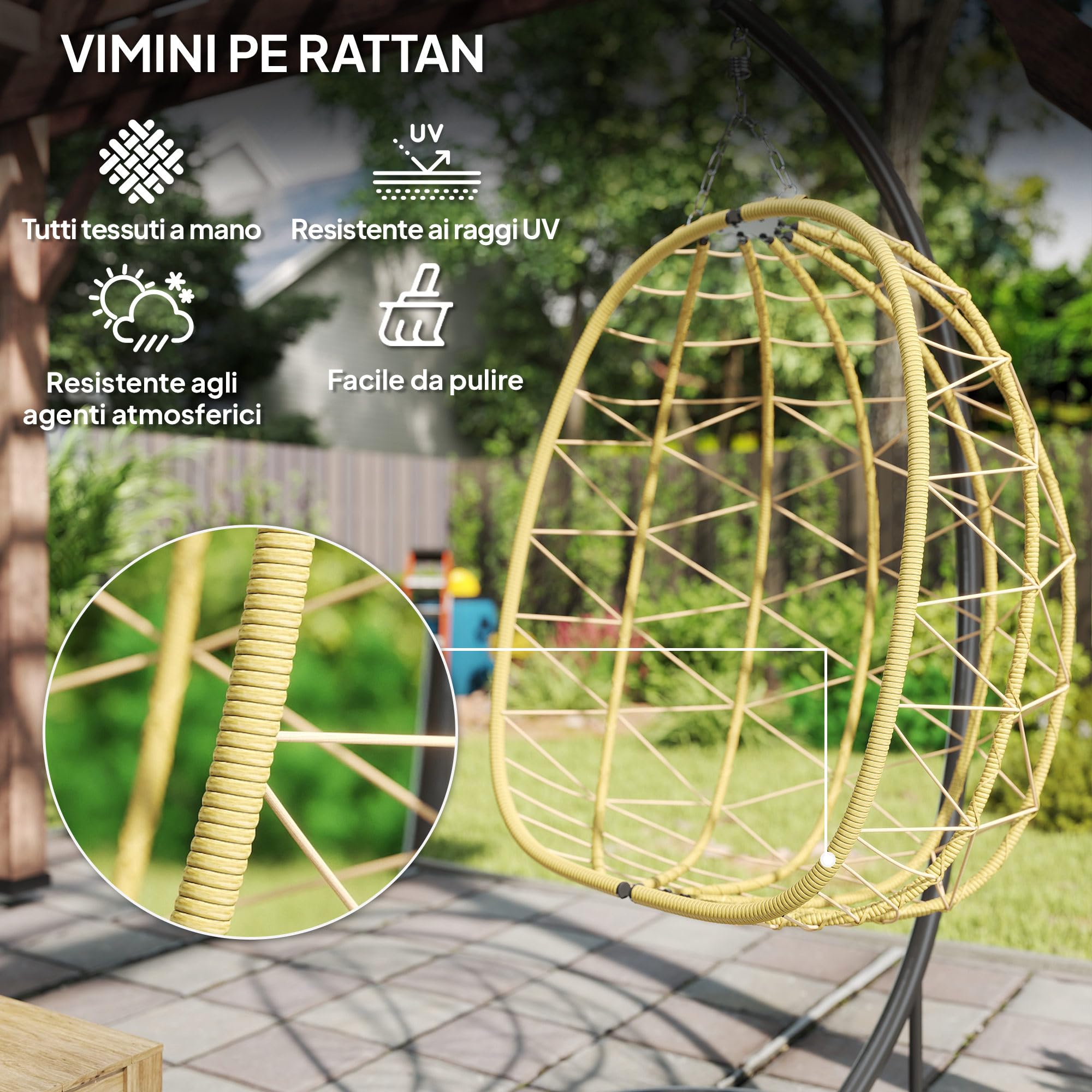 Outsunny Poltrona Sospesa 150kg Max 102x102x195 cm Nera Grigia e Beige | Cesto Pieghevole e Cuscini, Poltrona Sospesa da Giardino, Acciaio e Rattan PE