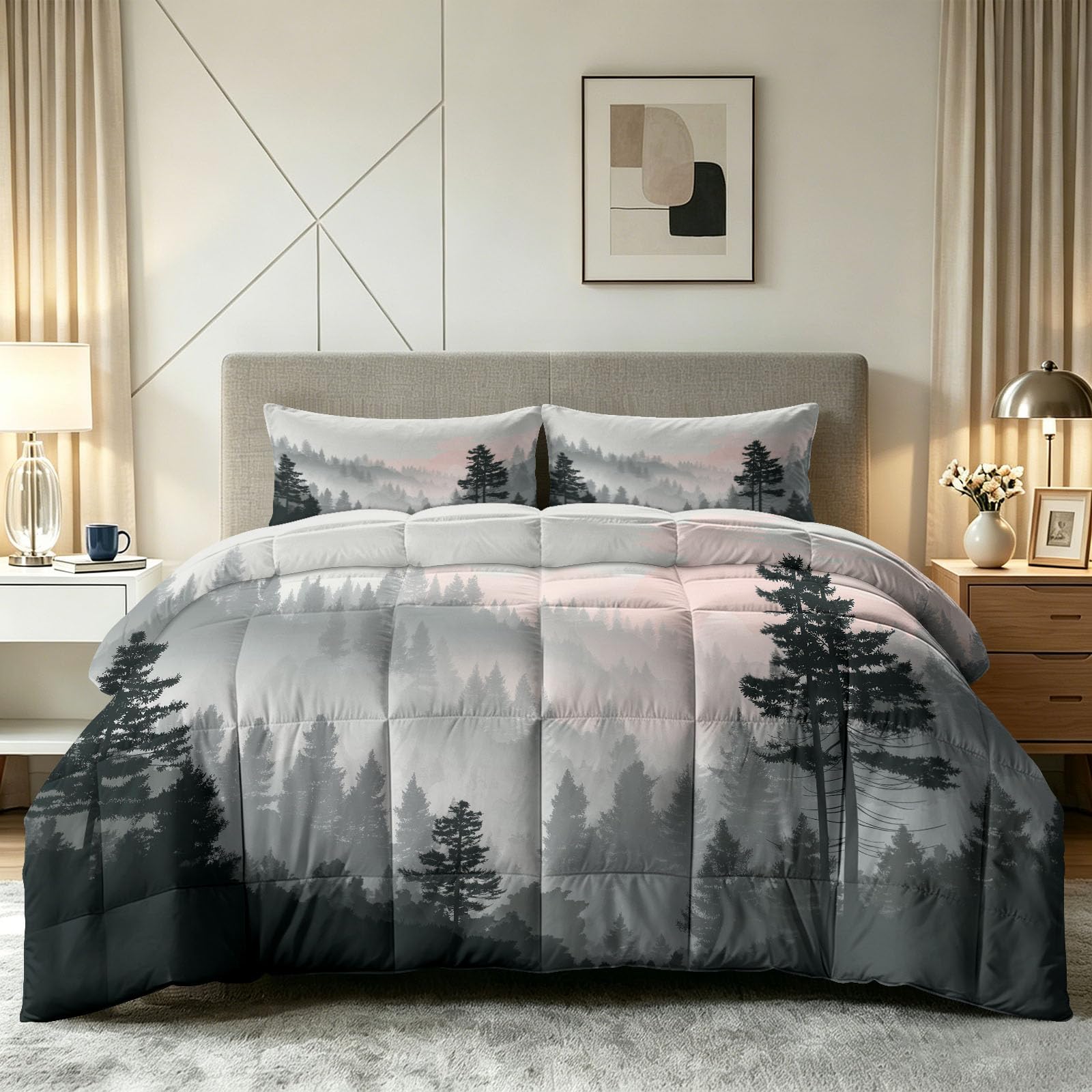 Generisch Piumino misterioso ad acquerello, senza rivestimento, 135 x 200 cm, foresta, nebbia e montagne, ipoallergenico, per tutto l'anno, con 2 federe da 80 x 80 cm, trapunta reversibile, lavabile