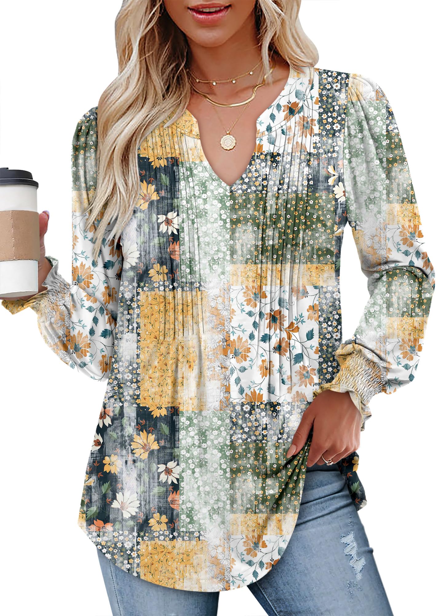 onlypuff Womens V Neck Tunic Tops Puff Long Sleeve T-Shirt Pleated Fashion Blouse Shirts S-3XL