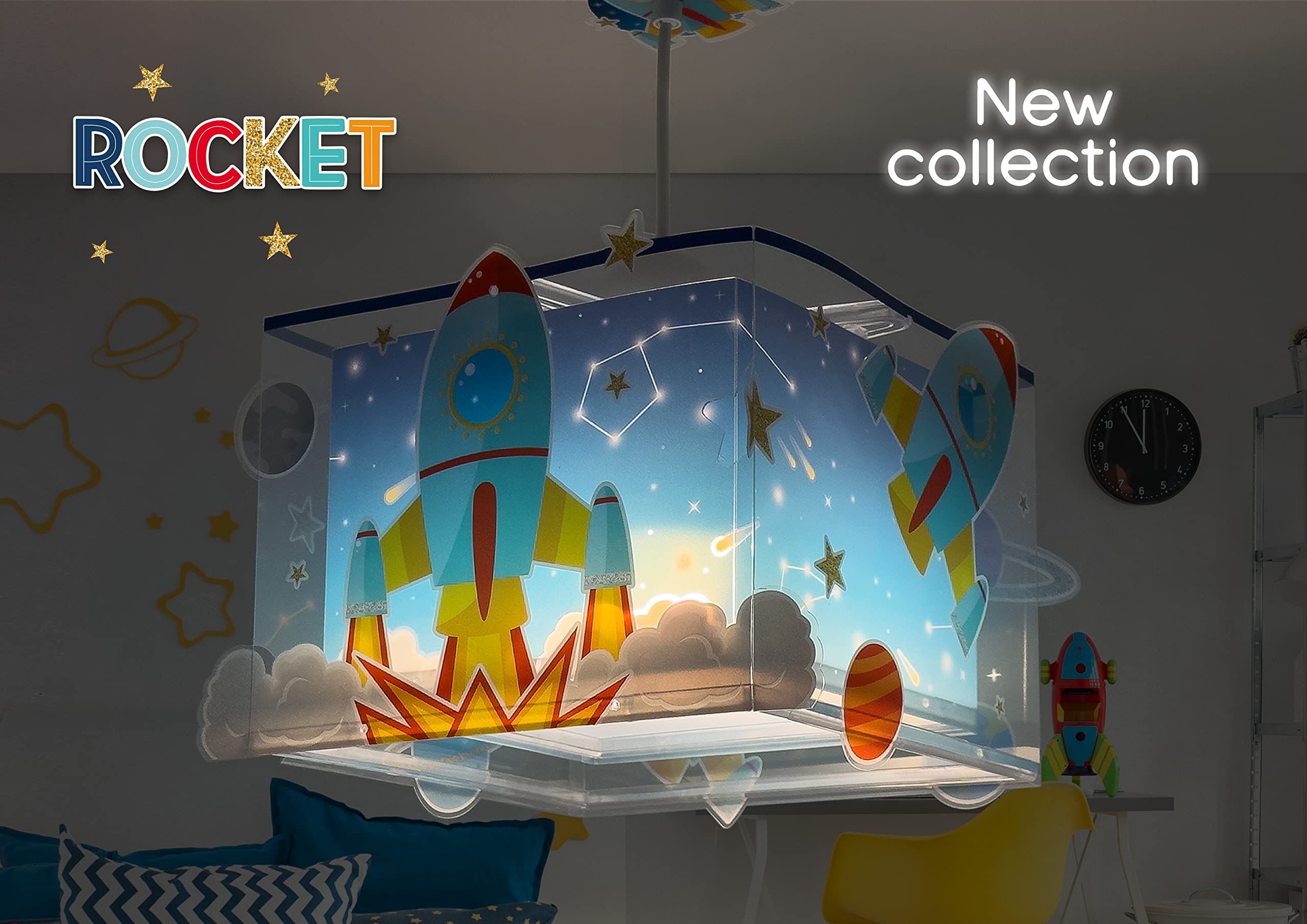 Dalber Lámpara de mesa o mesilla infantil Rocket Cohete espacial, 63351, E14, 8W, Azul