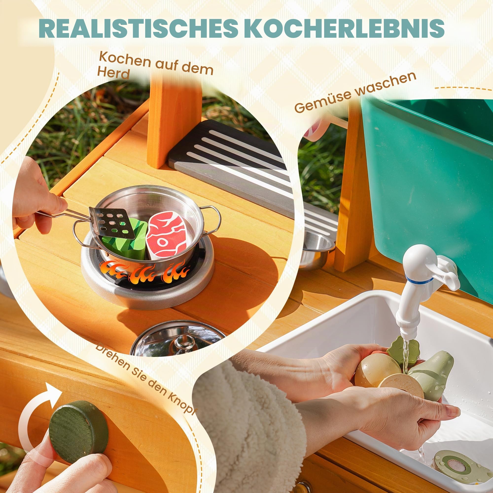 ROBUD Matschküche Kinder Outdoor, Holz Spielküche mit Rädern, Grill, großem Wassertank & Echtem Wasserhahn, Tafel, Spüle, Outdoor Küche Kinder Geschenk für Mädchen Jungen ab 3 Jahren