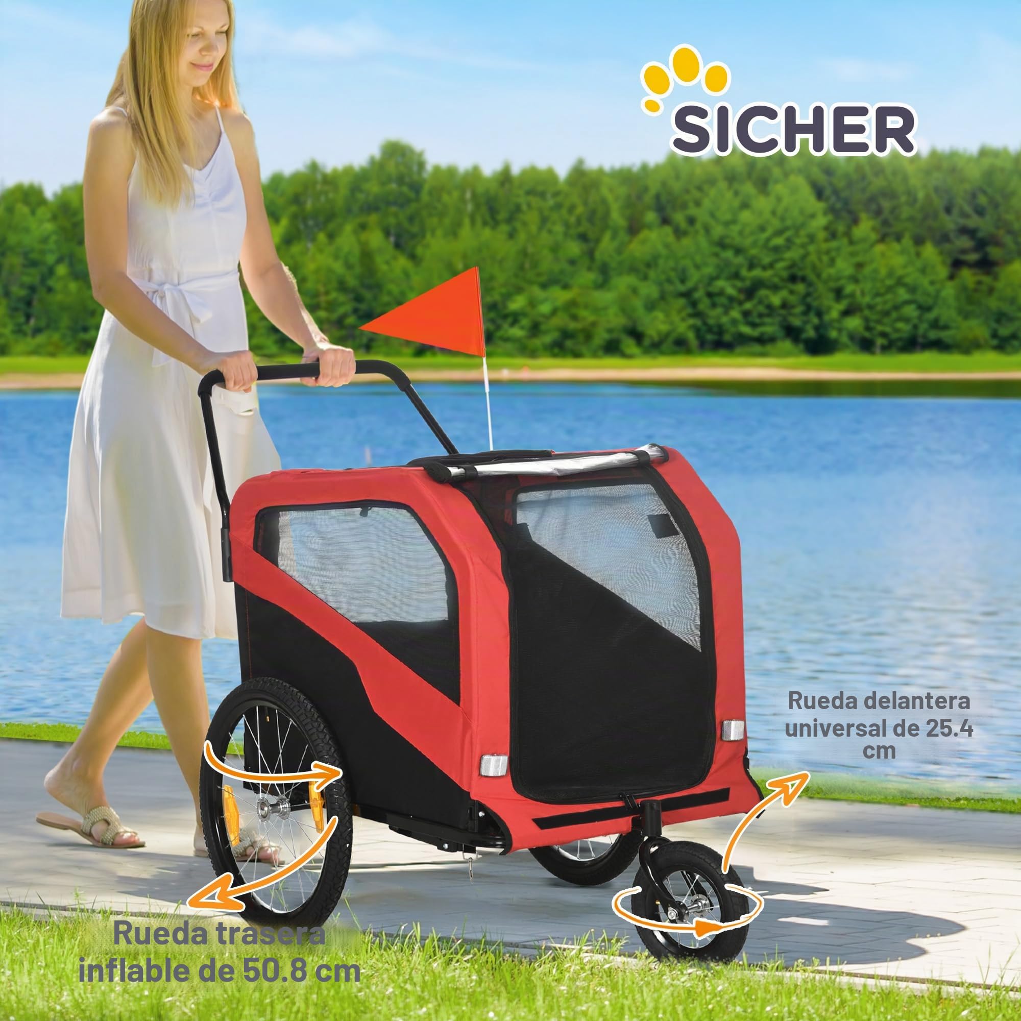Remolque para perros PawHut 2 en 1, remolque de bicicleta para perros, cochecito para perros con reflectores, silla de paseo para perros máx. 30 kg, remolque de bicicleta para perros grandes, tejido