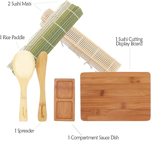 Miniatura 2 de BambooMN Kit para hacer sushi  Esterillas de sushi verdes y naturales, paleta de arroz, esparcidor, plato de salsa de sushi y tablero de exhibición