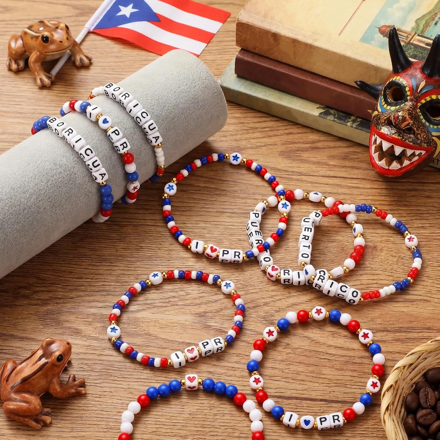 Unittype 24 Pcs Puerto Rico Beaded Bracelets Bulk Souvenirs, Puerto Rico | 6 Styles Letter Bead Wristbands, Red White Blue Flag, Party Favors for 250th Anniversary, Heritage Pride for Women Men