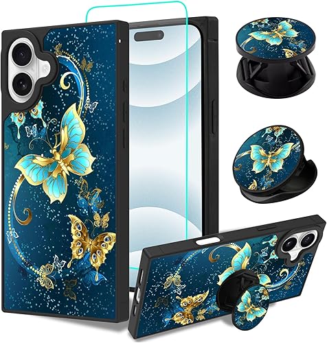 Miniatura 7 de SAKUULO Funda para iPhone 15, protector de pantalla + soporte diseño cuadrado de bonito diseño de mariposa azul, protección de bordes de TPU suave,