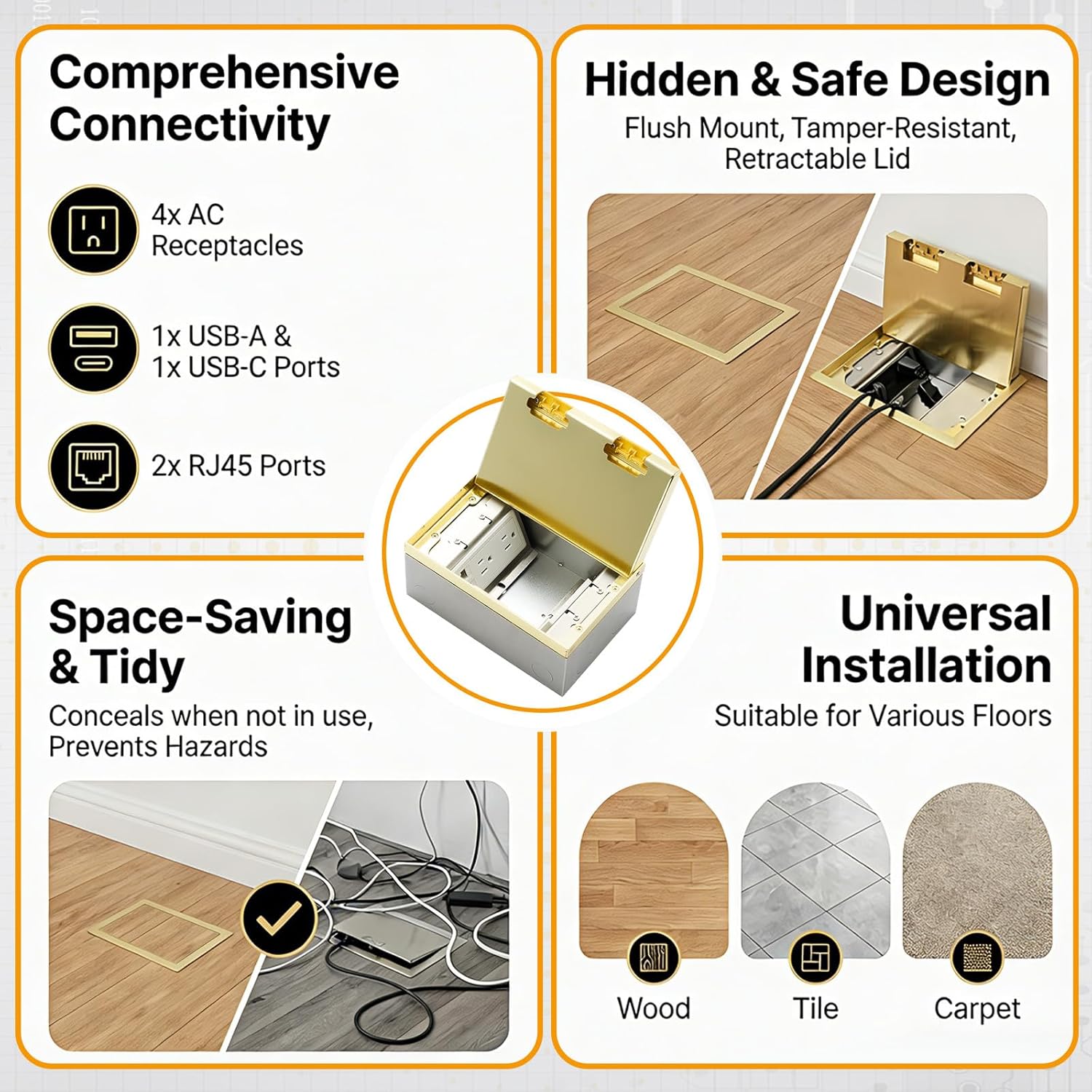 Recessed Floor Outlet Box with 4 Power Outlets, USB-a & USB-c Charging Ports and Dual Rj45 Ethernet Ports, Low Profile Flip-up Hidden in-Floor Outlet for Conference Table Home Office