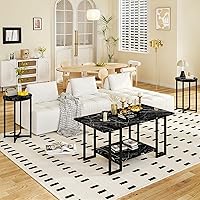 Vista 3 de Lamerge 3 Pieces Living Room Table Set, Faux Marble Coffee Table with 2 Round End Side Tables, Coffee Table Set with Metal Frame for Apartment Home