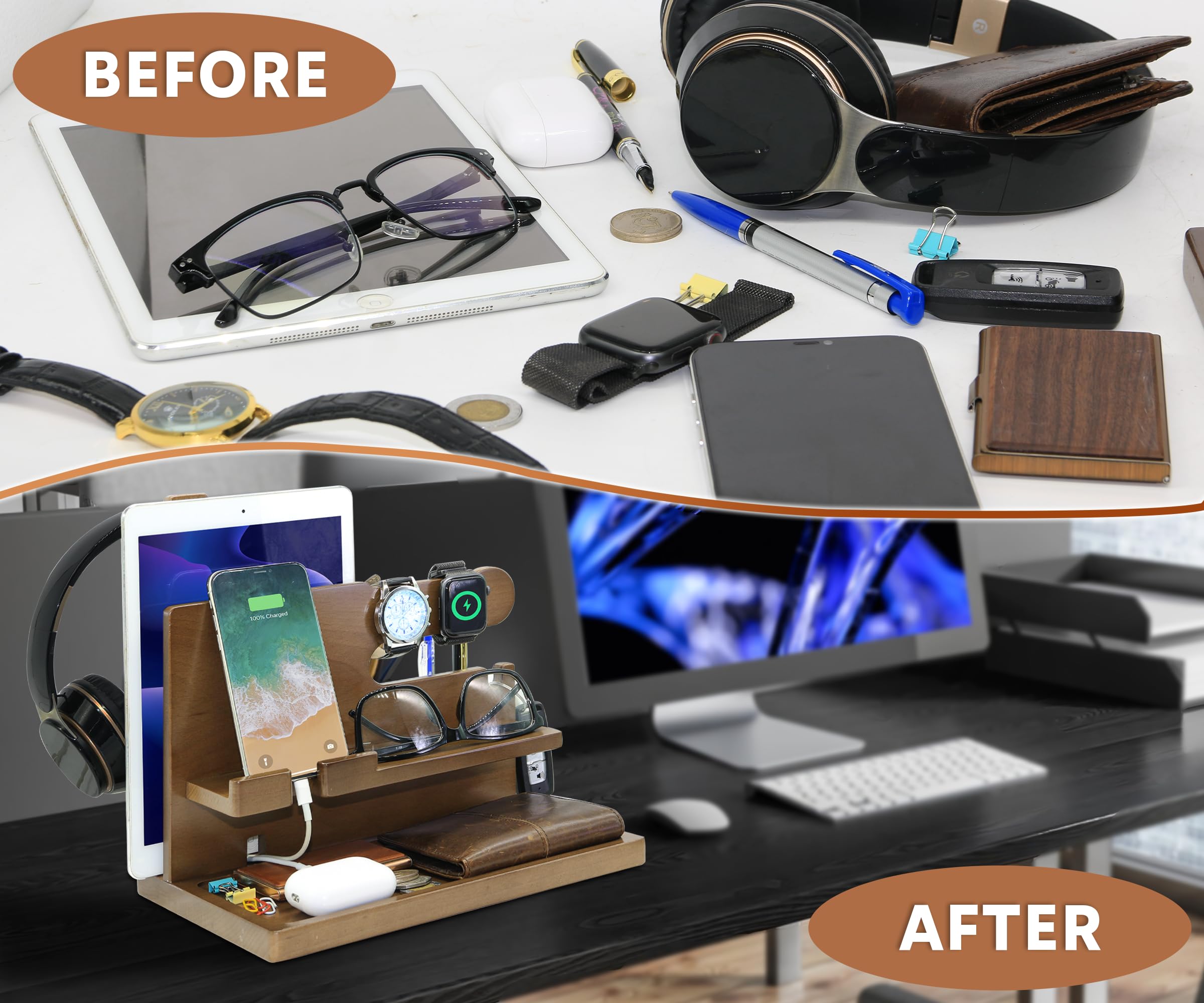 Organizador de escritorio personalizado para hombres, organizador de accesorios hecho a mano con soporte para auriculares, soporte para reloj, ideas de regalo únicas para marido, novio en cumpleaños y