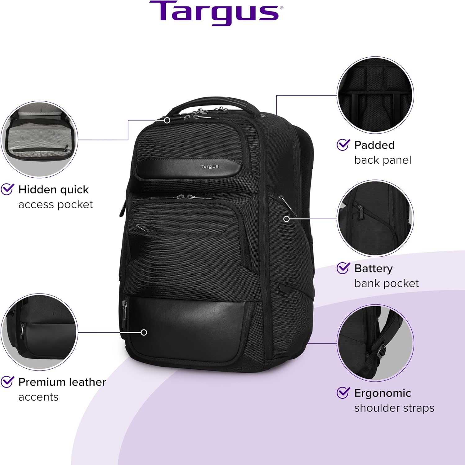 Targus 15-16 Inch Heritage Luxe Backpack, Professional Laptop Backpack with Padded Laptop Compartment, Ergonomic Shoulder Straps, Water-Resistant Fabric, Spacious Storage, Black (TBB656GL)