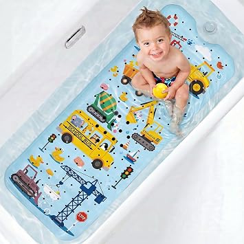 UNEEDE Baby Bathtub Mat Non Slip with 200 Suction Cups & 176 Drain Holes, 40''x16'' Quick Dry Bath Mat, Machine Washable Shower Mat for Toddlers & Kids, Vehicles Pattern