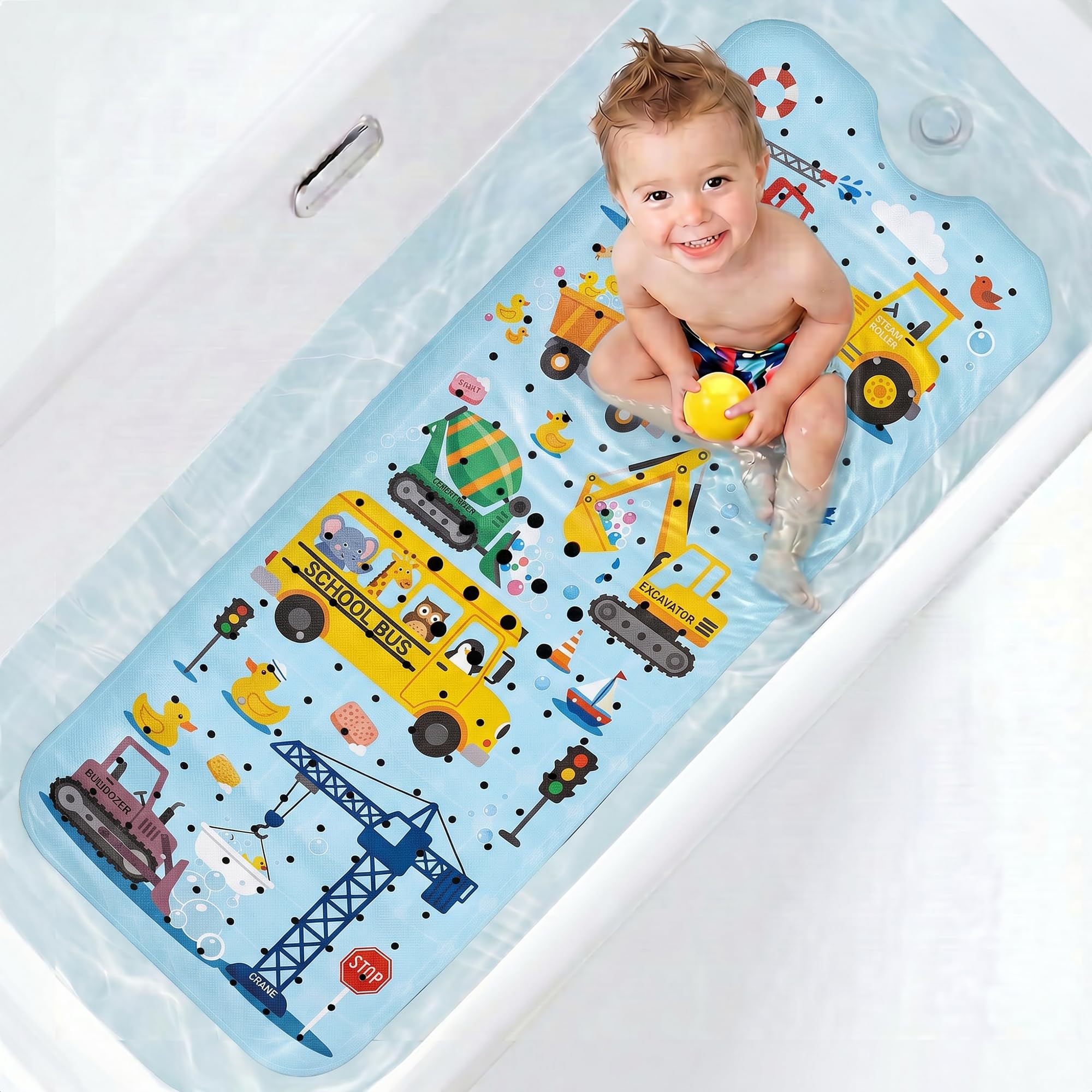 UNEEDE Baby Bath Mat Non Slip - 100x40cm Extra Long Kids Bathtub Mat with 200+ Suction Cups, Construction Vehicles Excavator Pattern, Soft Shower Mat for Toddlers & Boys, Blue