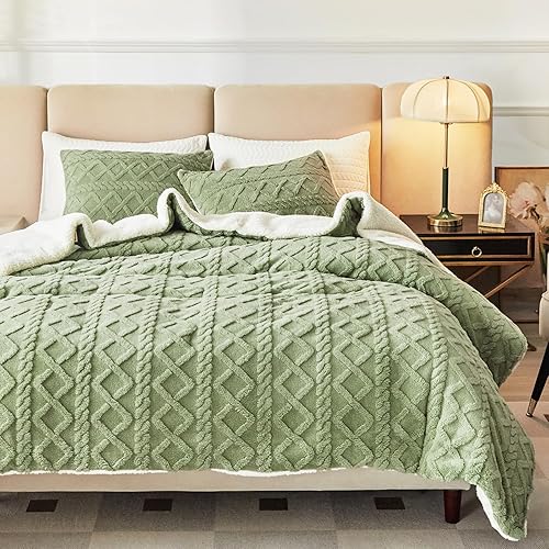 Joyreap Juego de edredón de 3 piezas de sherpa de pelo sintético esponjoso de color verde, juego de edredón de lujo tamaño individual, ultra suave y