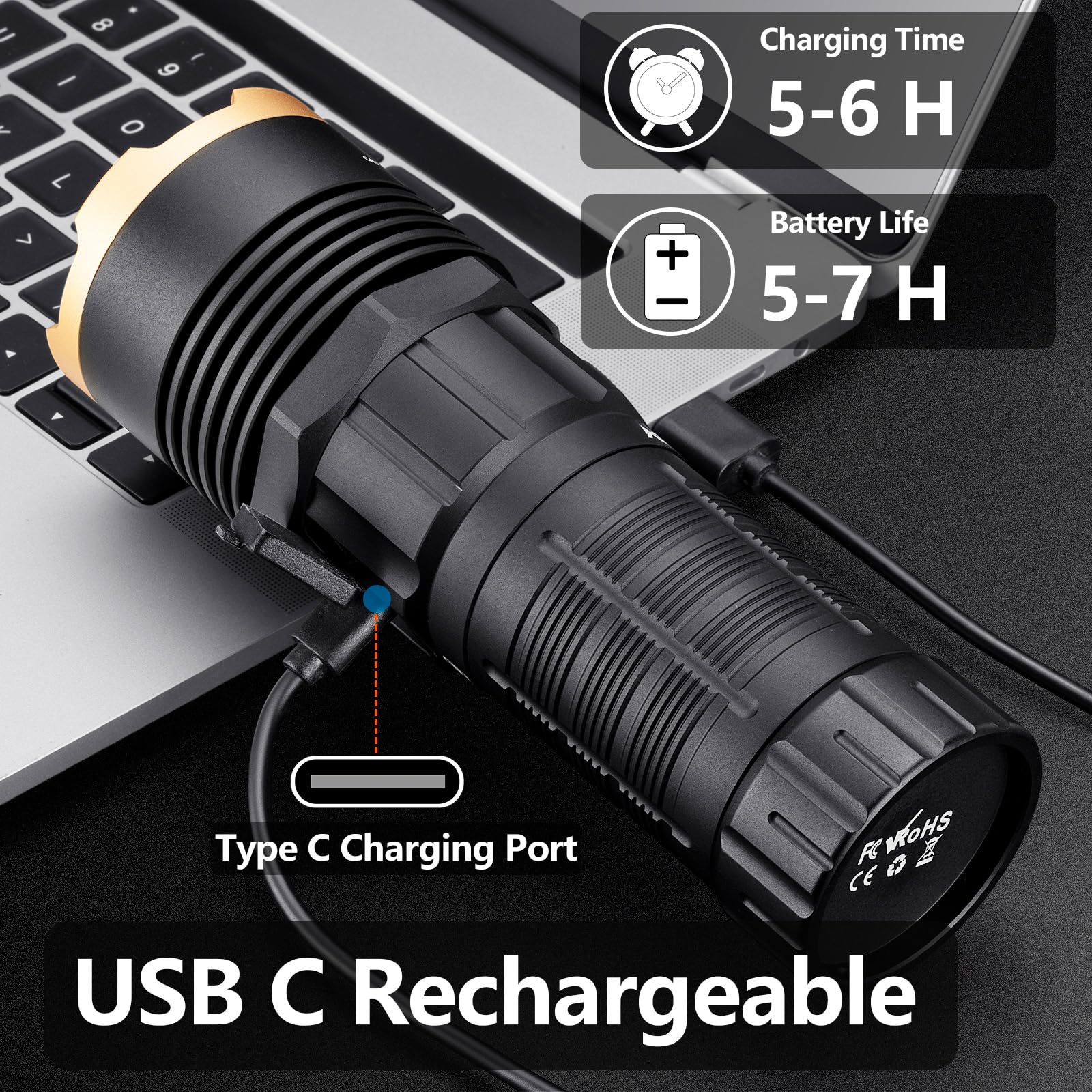 ALONEFIRE X100 LED Flashlight 2050 High Lumens Super Bright USB C Rechargeable 5 Adjustable Modes Waterproof Flash Light Reverse Charging with Battery, Lanyard for Camping Emergency Hiking Home