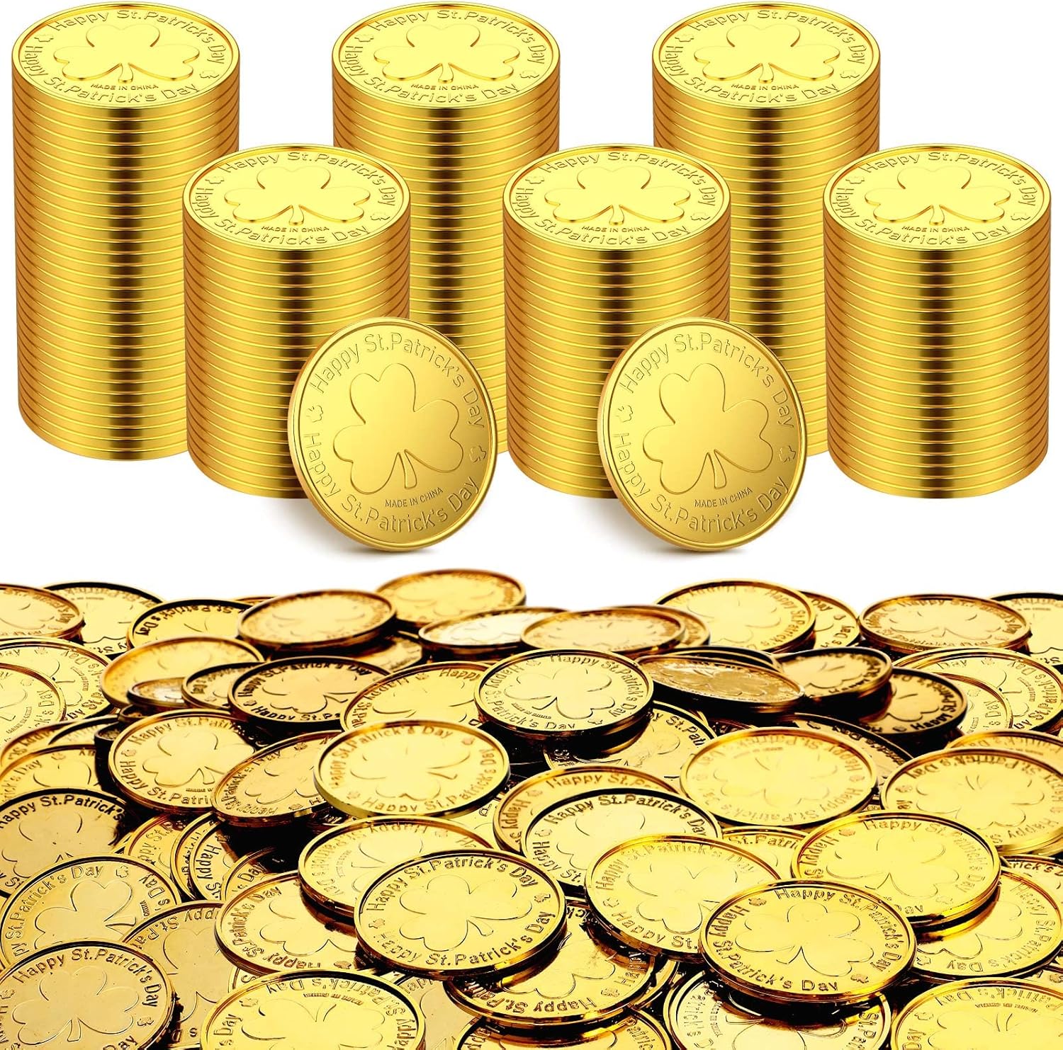 Sanwuta 400 Pieces Gold St. Patrick's Day Plastic Coins Bulk Lucky Shamrock Leprechaun Coins St Patricks Day Decorations with 3 Leaf Clover Patterns for Irish Party Decoration Supplies Favors