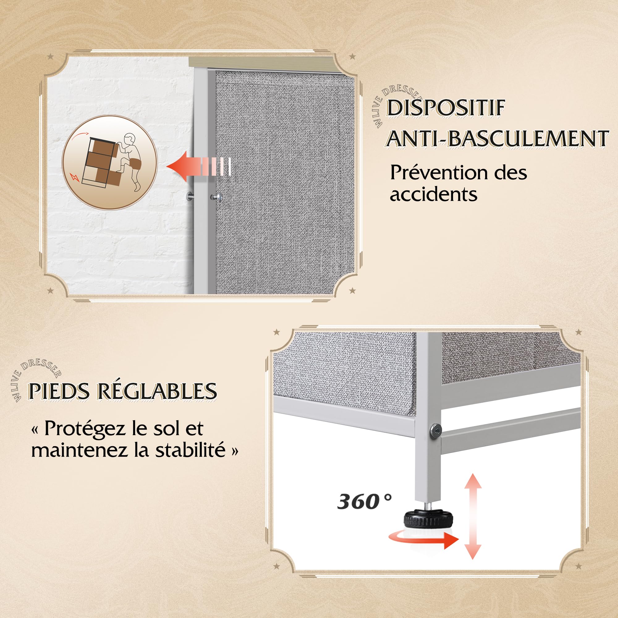WLIVE Commode Tiroirs, Tour Rangement Tissu pour Chambre, Couloir, Entrée, Placard, Unité Haute Bacs Tissu, Cadre Acier, Plateau Bois (Gris Clair, 9 Tiroirs)
