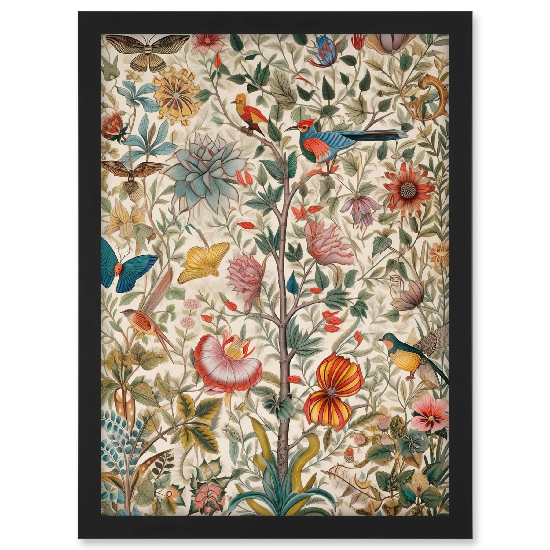 Artery8 Butterflies And Flower Plants Pattern Folk Art Watercolour Painting Artwork Framed A3 Wall Art Print