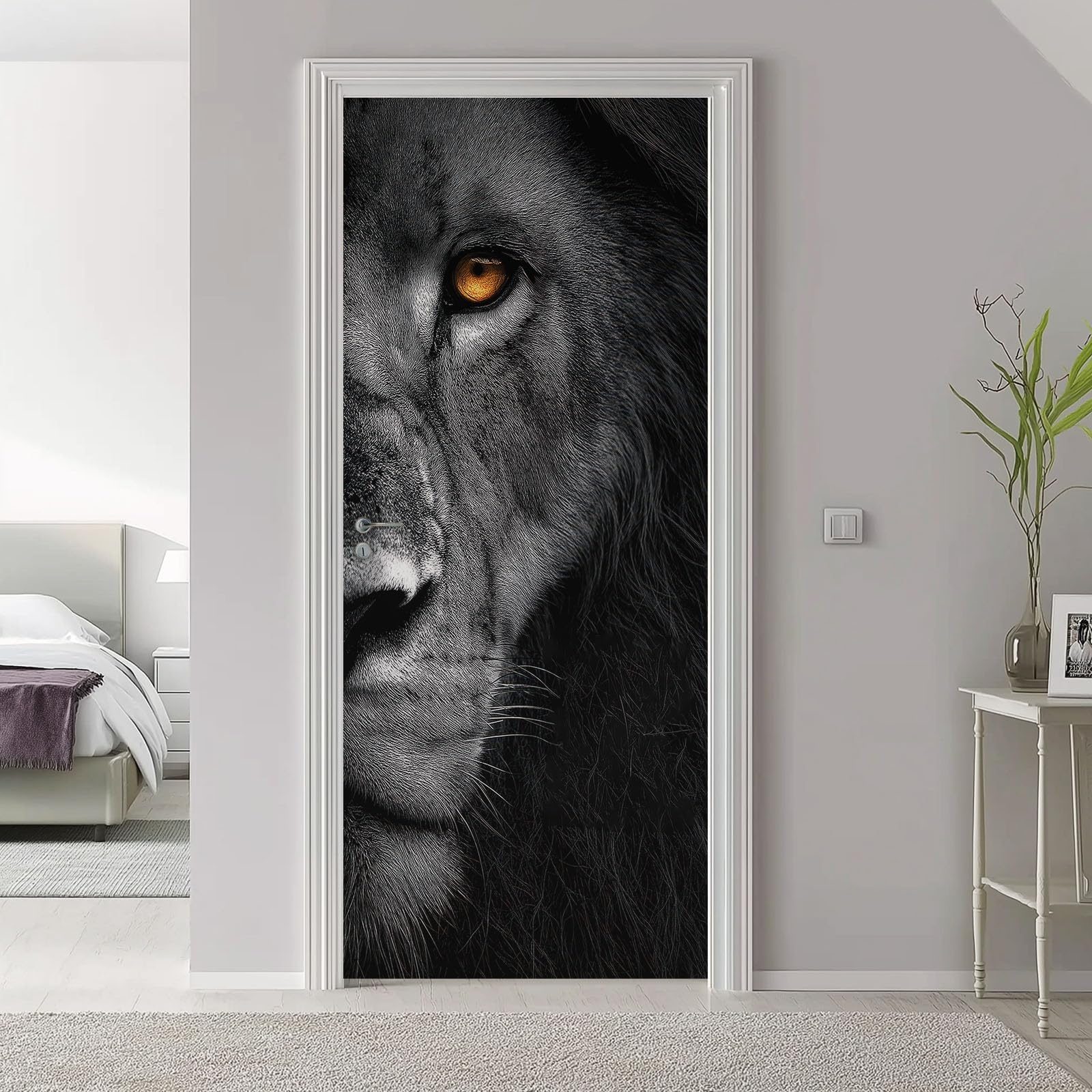 Papel pintado autoadhesivo para puerta de animal león 3D, póster para puerta, patrón de retrato de animales, resistente al agua, lámina de vinilo para puerta, negro extraíble, póster fotográfico
