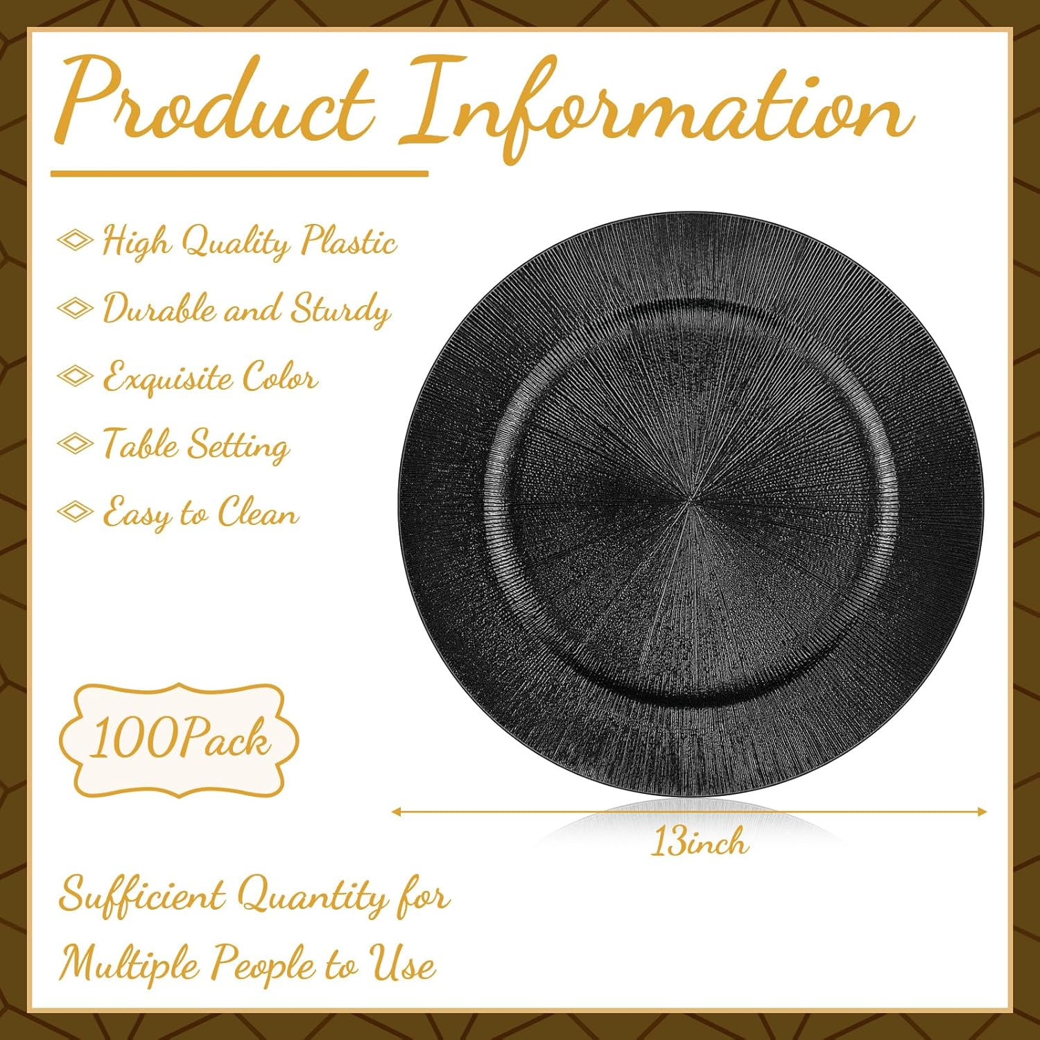 Tanlade 100 Pcs Charger Plates Bulk, 13 Inch Plastic Round Charger Dinner Plates Elegant Wedding Serving Plate for Event Tabletop Wedding Party Bridal Baby Shower Decor (Black)