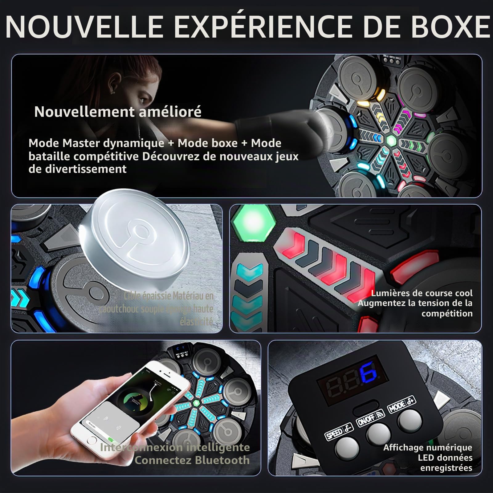 Machine de boxe musicale pour enfants, avec musique, gants de boxe, 6 modes de vitesse et 3 modes de numéro, Bluetooth, avec câble de charge USB, lumière LED pour enfants/adultes