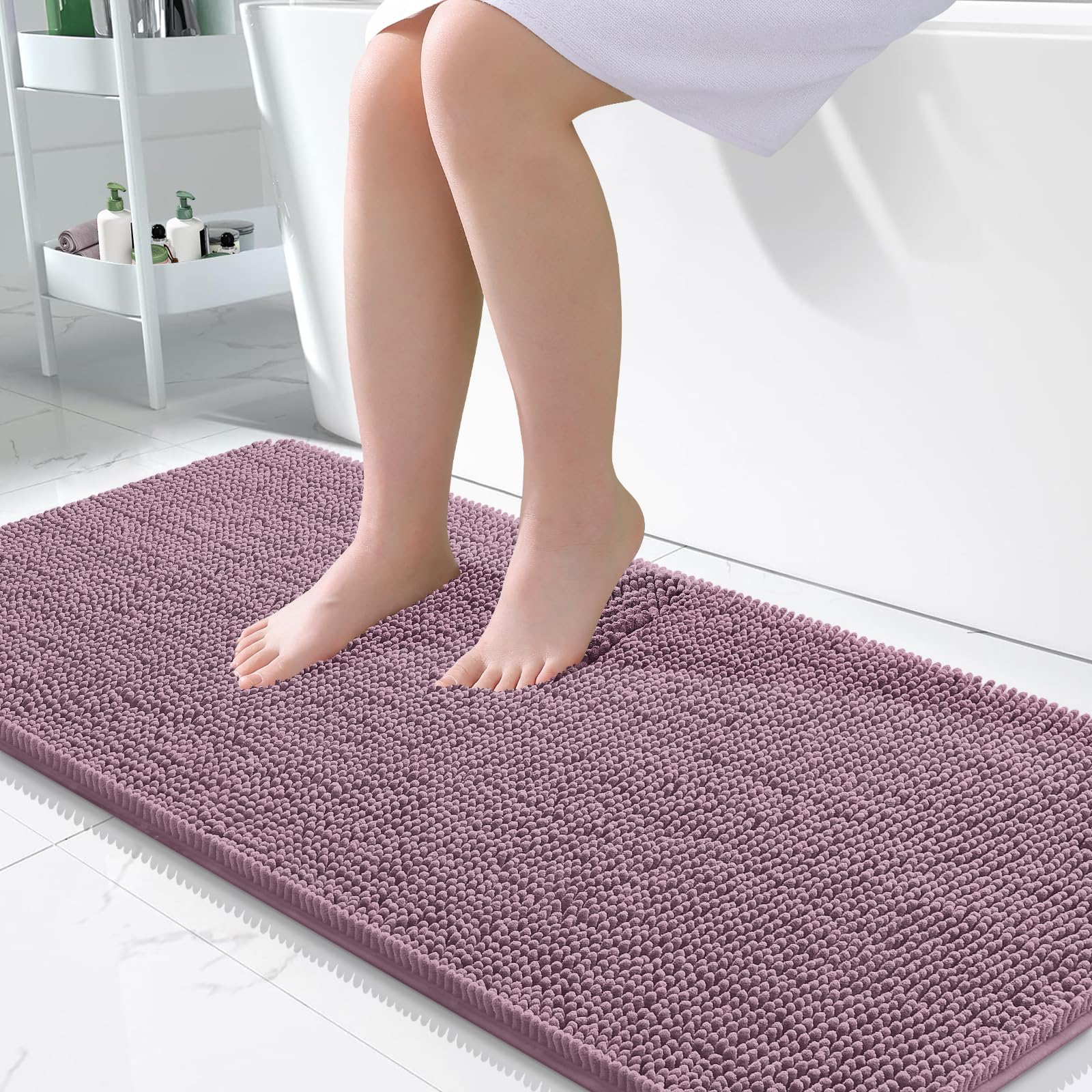 OLANLY Bathroom Runner Rugs 47x24, Extra Soft Absorbent Chenille Bath Rugs | Deep Plum, Quick-Drying Rubber Backing, Washable Long Bath Mat for Bathroom Floor, Tub and Shower, Home Decor Accessories