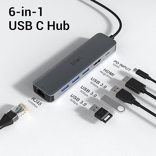 Miniatura 2 de Hub USB C, adaptador multipuerto USB C de JESWO con RJ45 Ethernet, 4K HDMI, 100 W PD, 3 puertos USB 3.0, base tipo C para laptop Thunderbolt 3,