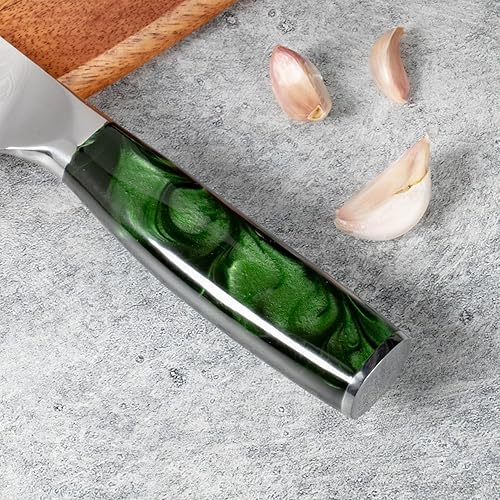 Miniatura 6 de SENKEN - Cuchillo japonés de 7 pulgadas con mango de resina verde esmeralda, Nakiri japonés grabado para el hogar y profesionales, hoja de acero