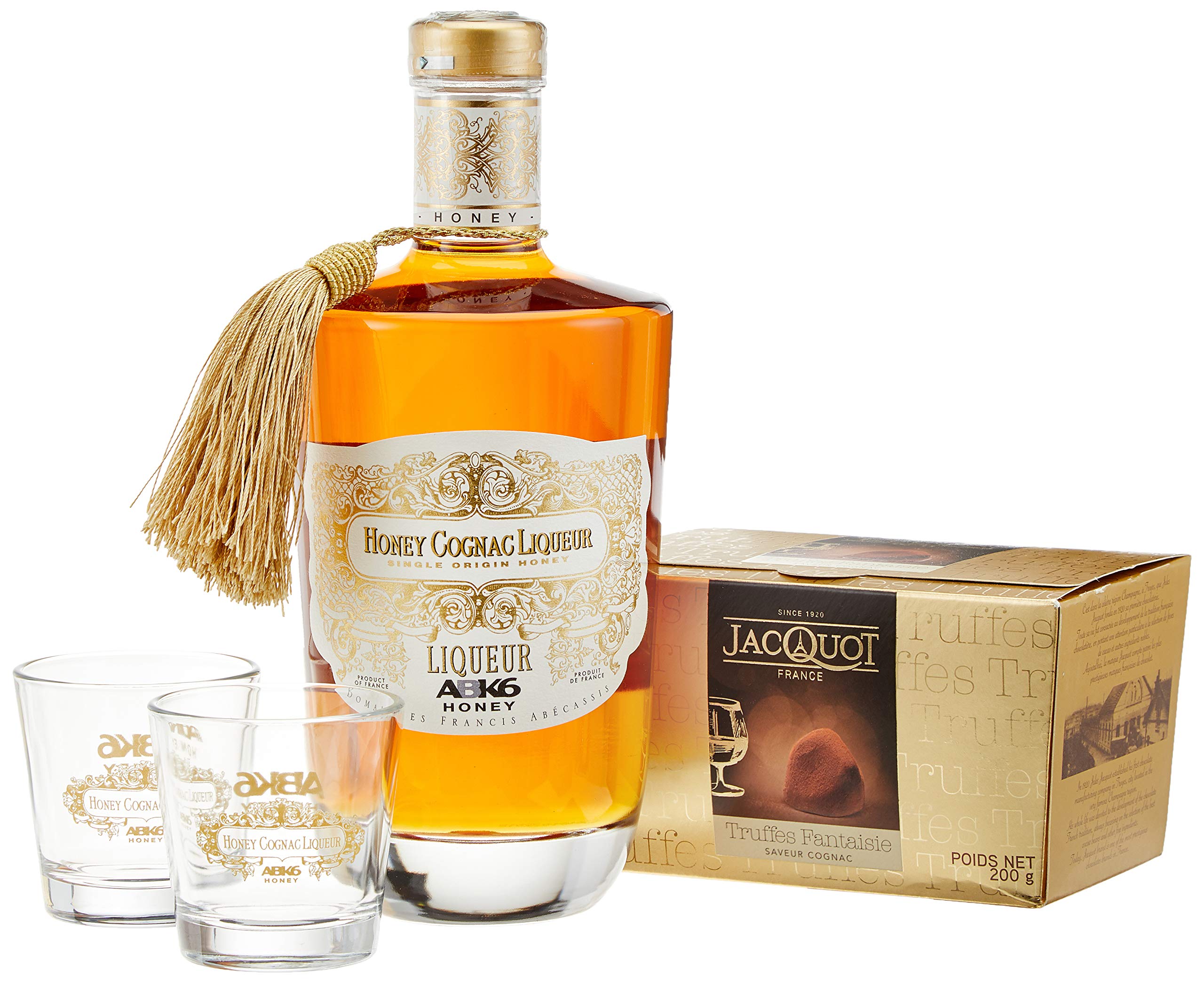The Wine Guys Jacquot HONEY-COGNAC Liqueur ABK6 und französische Schokoladentrüffel und zwei originale Gläser als Geschenkset