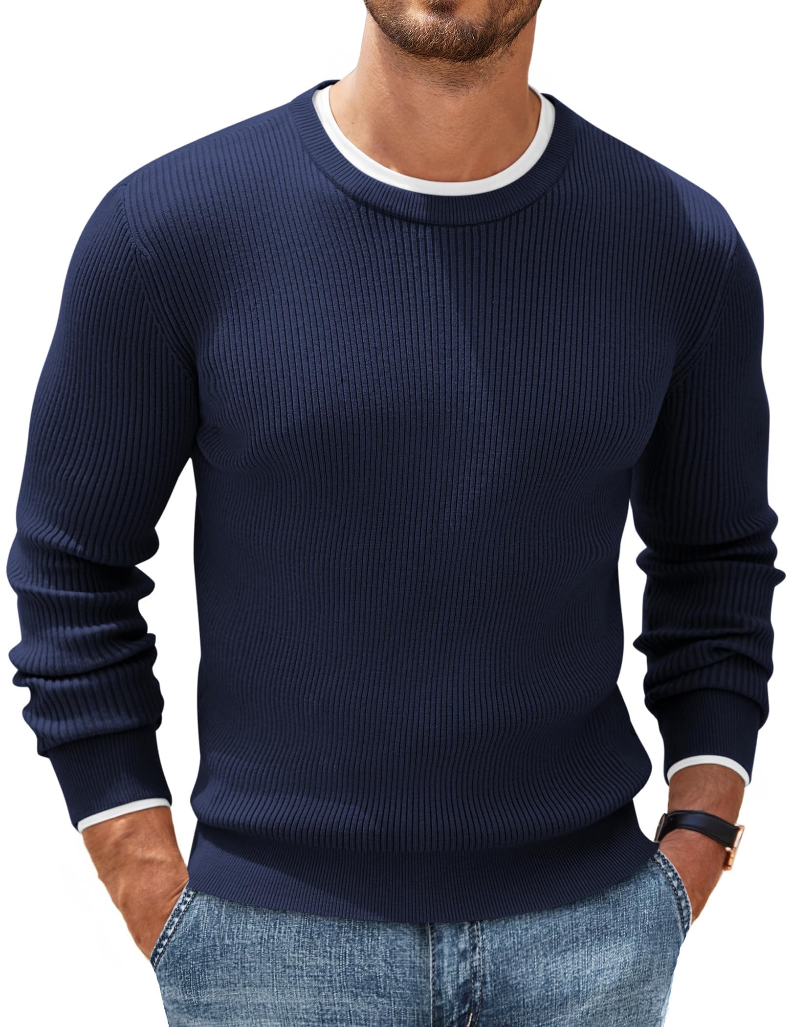 COOFANDY Herren Rundhals Pullover Basic Strickpullover Feinstrick Business Pullover Männer Ribbed Sweater Pulli Winterpullover
