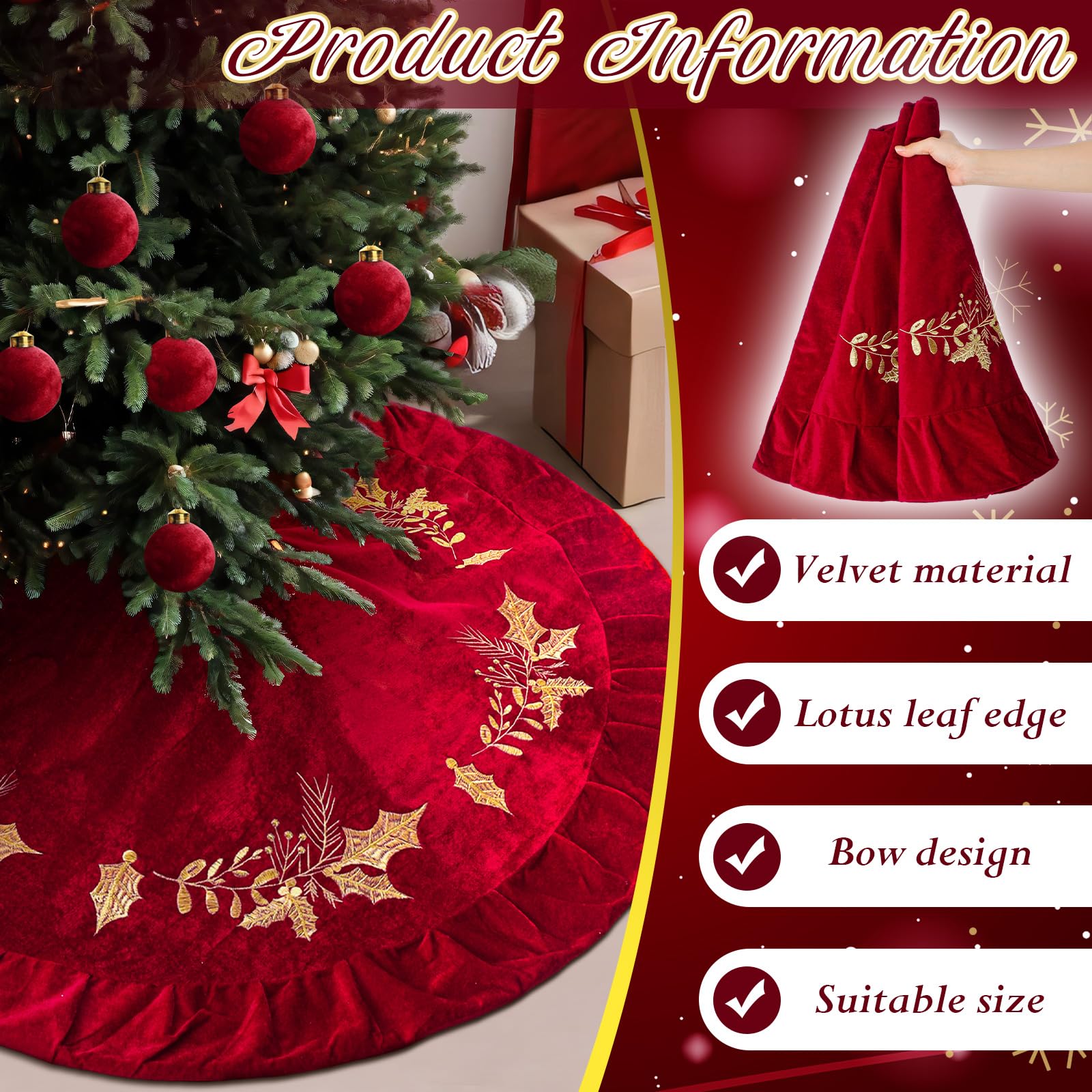 60" Velvet Christmas Tree Skirt Dark Green With Gold Bow - Luxury Plush Vintage Xmas Decor