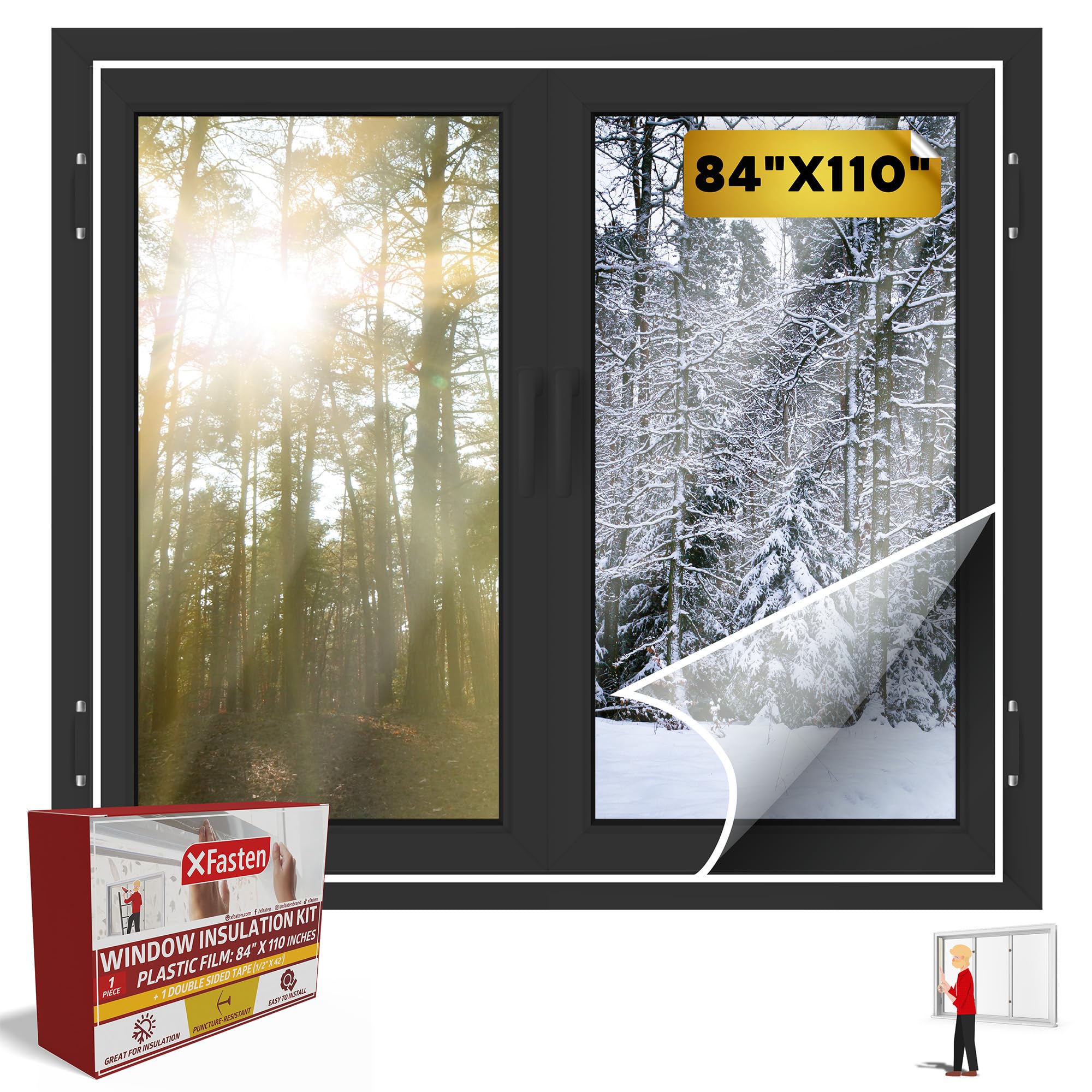 XFasten Window Insulation Kit Clear Plastic Window Covering, Window Insulation for Summer Heat Window Insulation Film for Heat and Cold- Includes Window Seal Tape (84-Inch x 110-Inch)