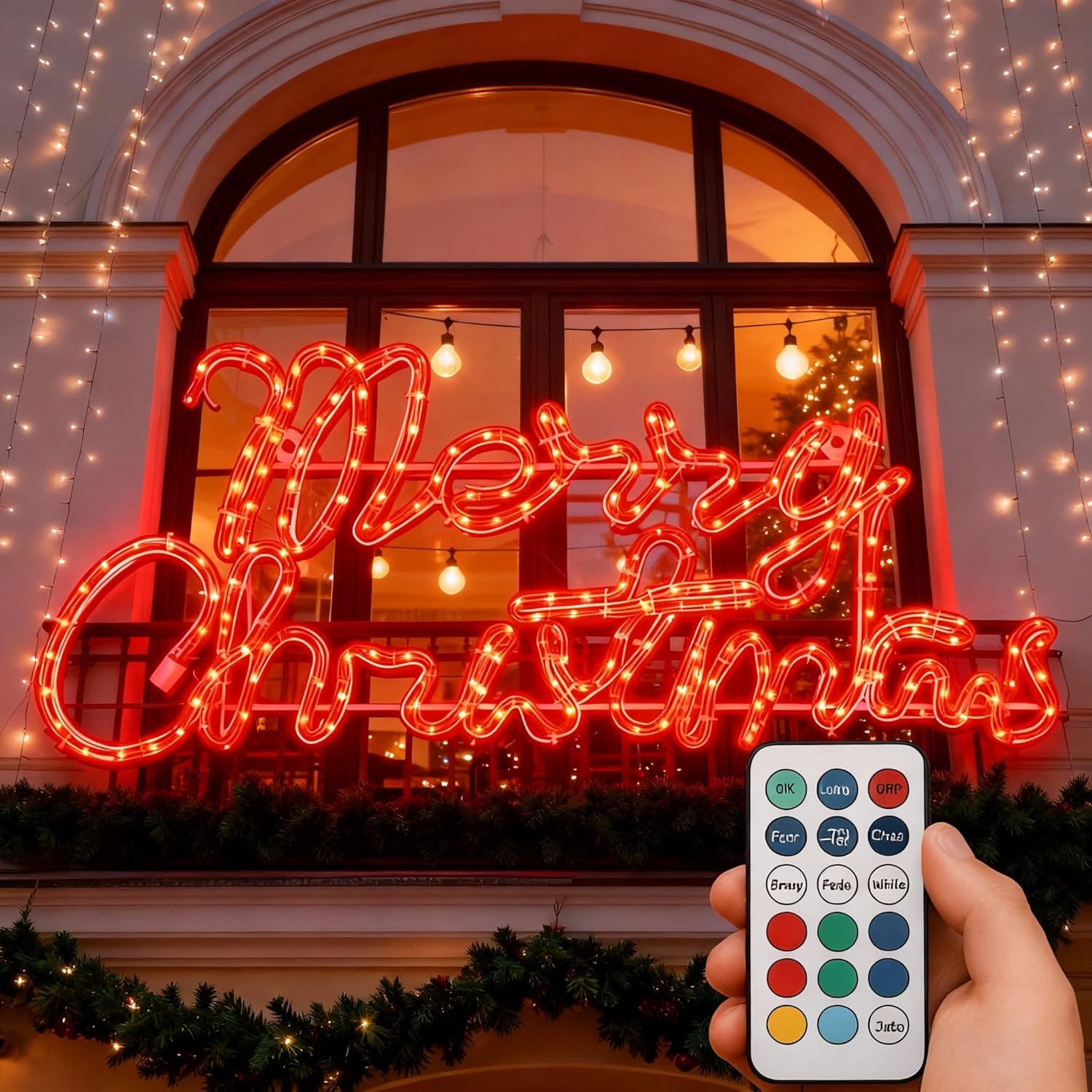 Outdoor Lighted Merry Christmas Sign Decor with Remove Control 31" Extra Large Red Waterproof LED Neon Lights Color Changing Pre Lit Display Xmas Garden Yard Window Wall Store Holiday Decor Vivid