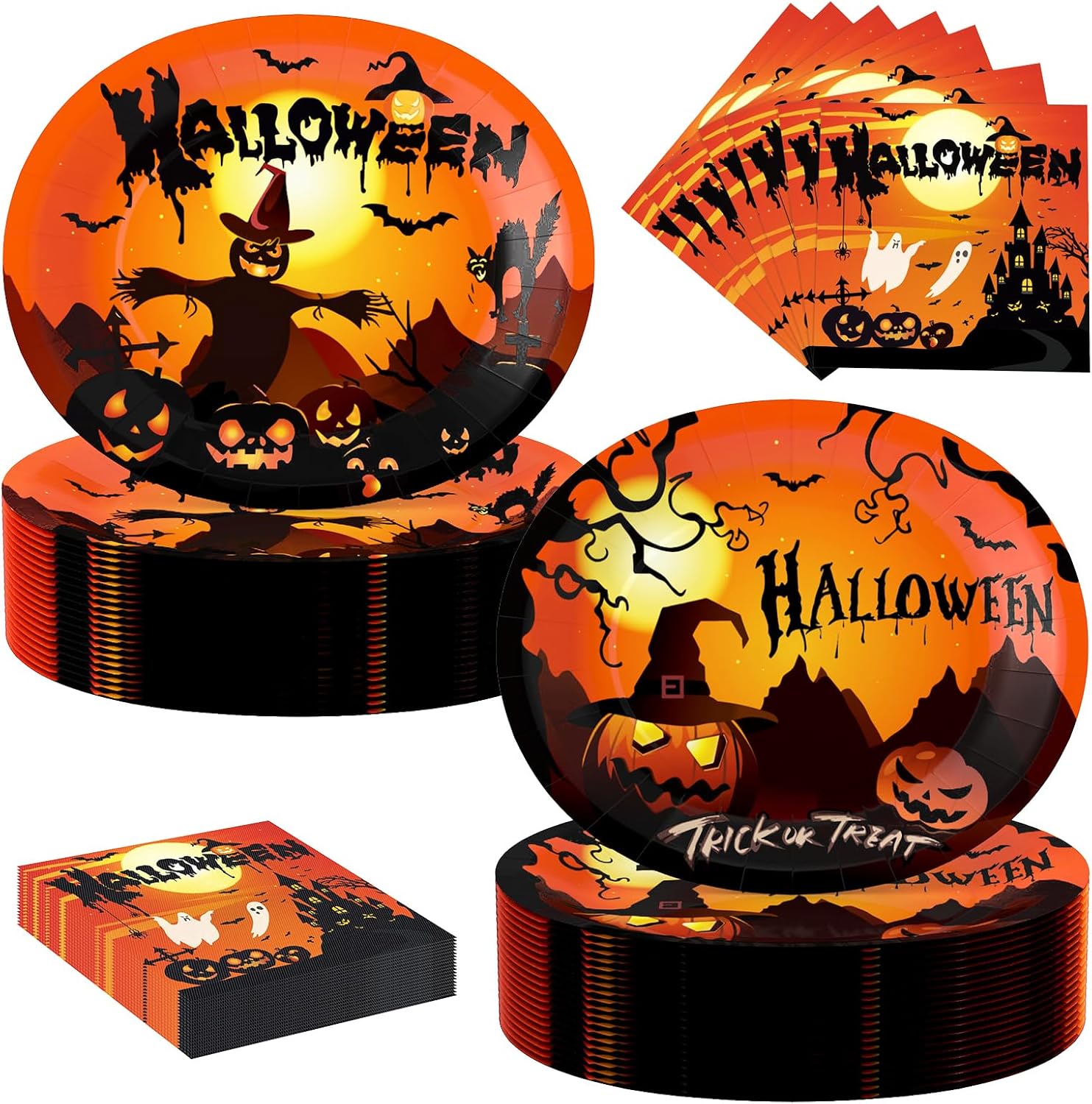 100 Pcs Halloween Oval Paper Plates and Napkins Set, 10" x 12" Large Disposable Plates for Halloween Party Supplies