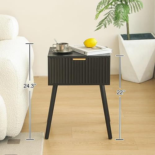Miniatura 3 de Mesita de noche negra, mesas auxiliares pequeñas para sala de estar, mesita de noche con cajón acanalado para dormitorio y espacio pequeño, color