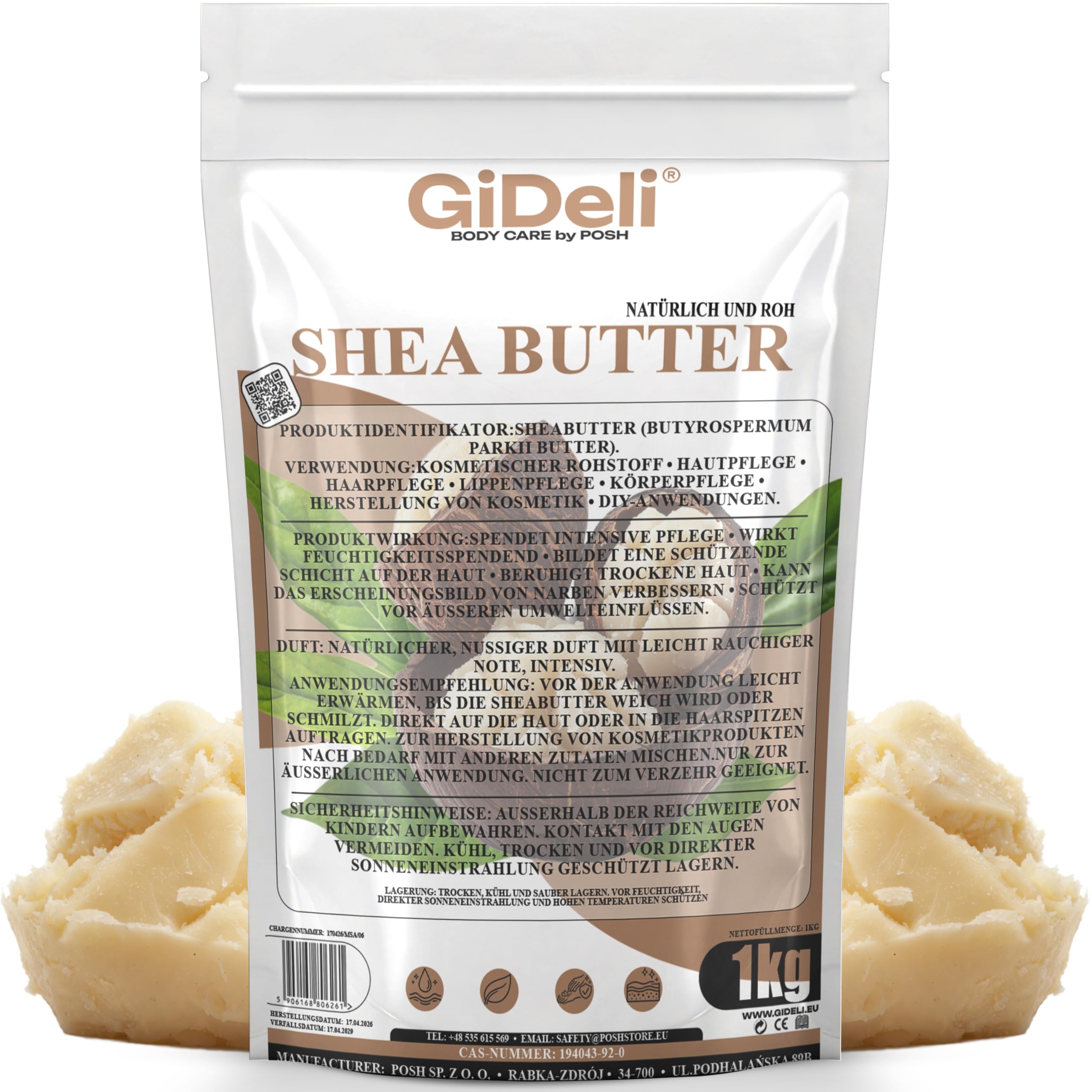 GiDeli Sheabutter 1 kg - Karitébutter Natürlich und Unraffiniert - Nussfett des Karitébaums intensiv feuchtigkeitsspendende - Bodybutter mit Regenerierender Wirkung