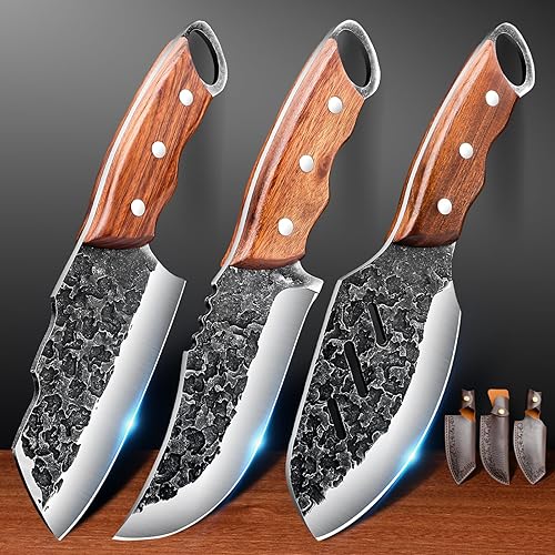 Miniatura 1 de VARLEA Juego de cuchillos de cocina forjados a mano de 3 Piexcs, con mango de madera maciza y funda de cuero para cuchillos. Adecuado para acampar