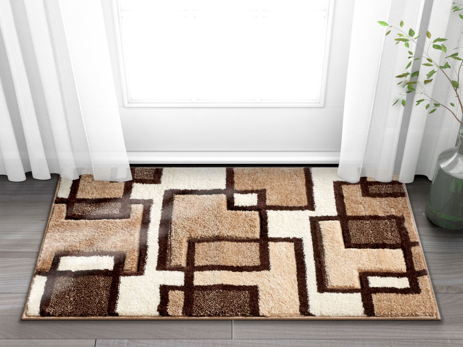 Well WovenRuby Geometric 2x3 Mat Ivory & Beige Neutral Modern Contemporary Hand Carved Squares Design Perfect for Entryways & Small Spaces Plush Easy-Care Easy-to-CleanOEKO-TEX STANDARD 100