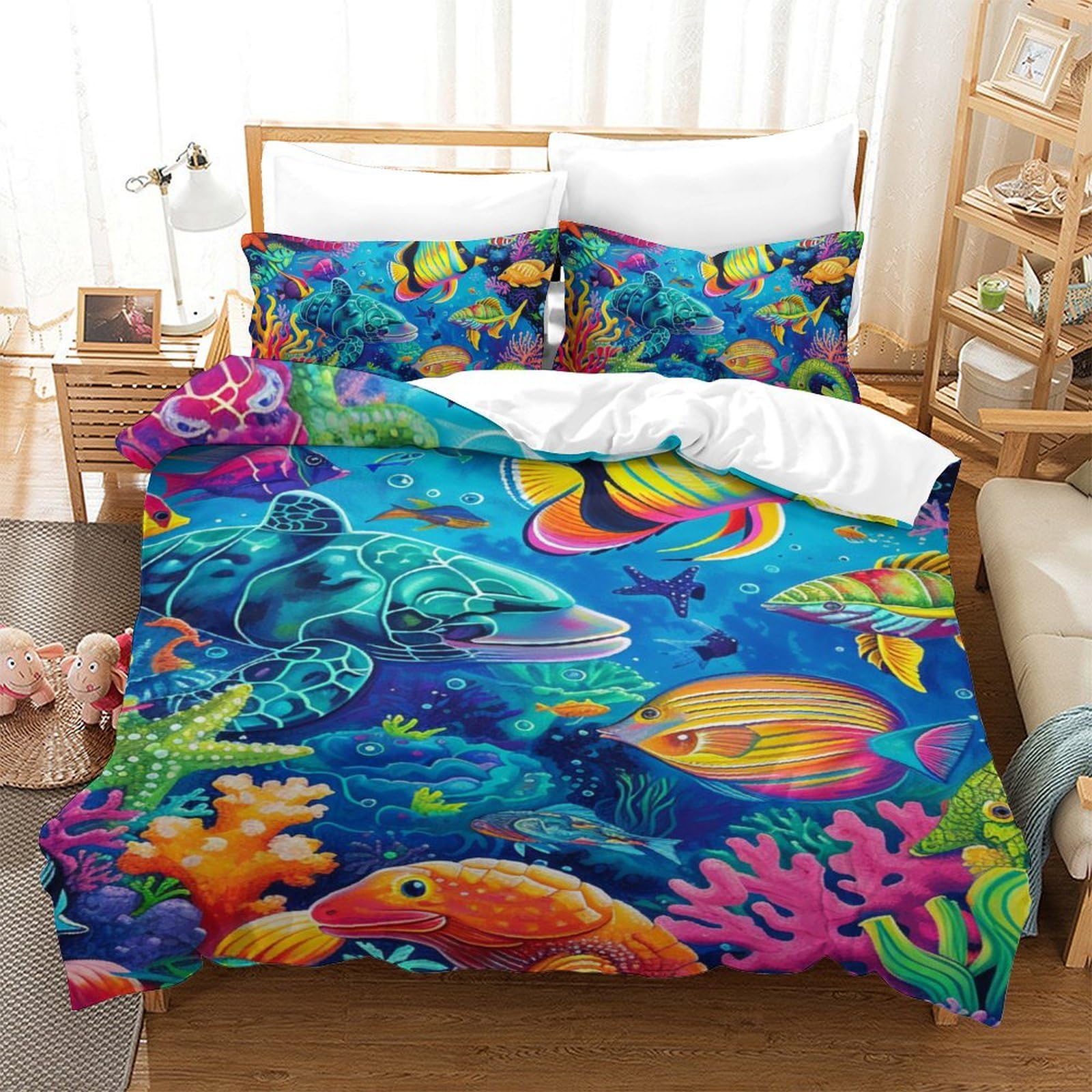 Housse de couette organismes marins fermeture éclair lit fille et garçon sans plis