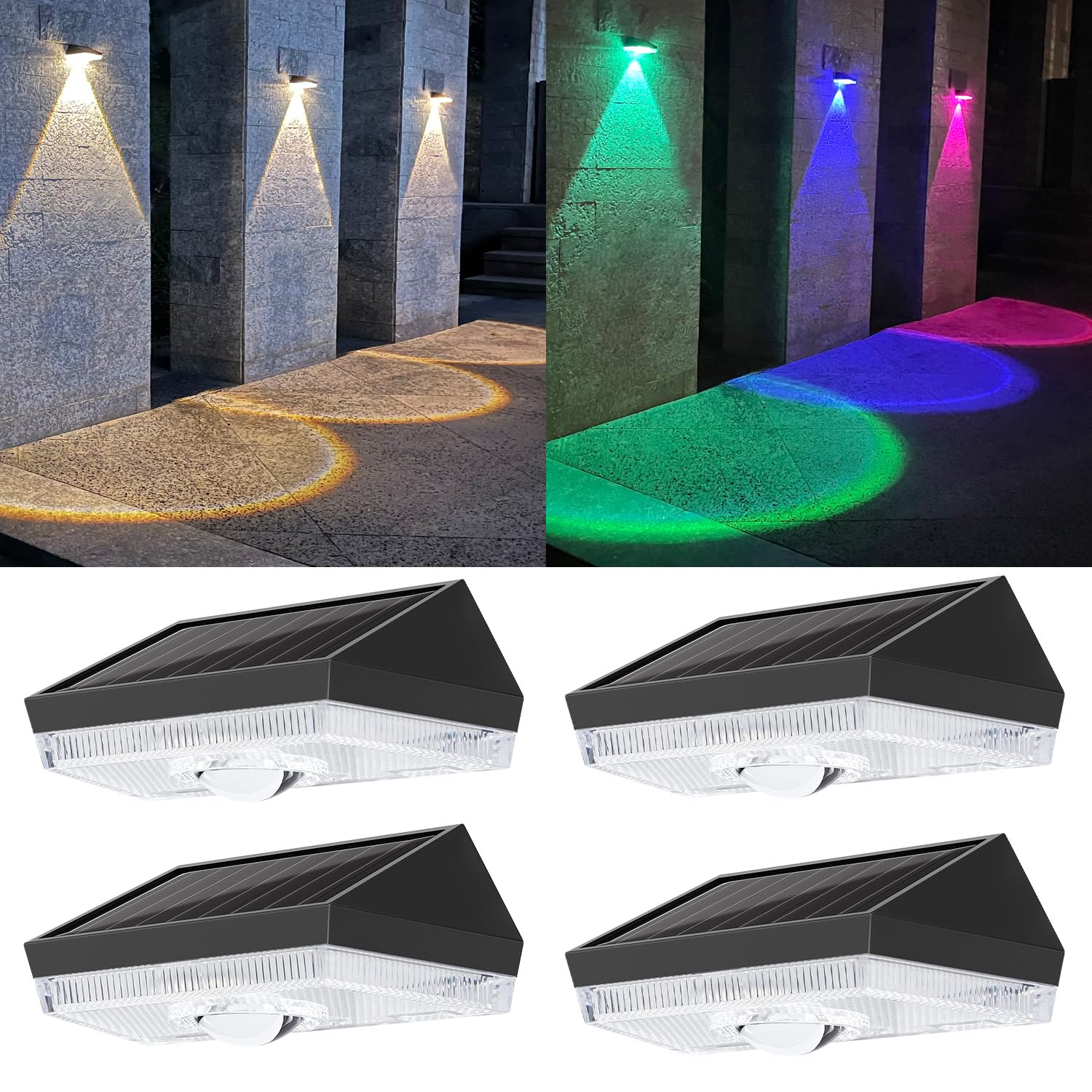 ELLASAY Aplique Solar Exterior Jardín,10 Color modos de RGB LED Luz Solar Exterior,IP65 Impermeable Lámparas Solares,Luces parad valla terraza Patio 4 piezas