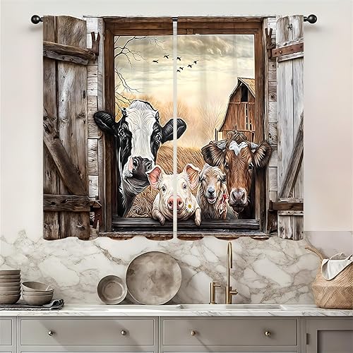 Miniatura 22 de Rusitc - Cortinas de cocina de algodón para granja, 27.5 pulgadas de ancho x 39 pulgadas de largo, 2 paneles con bolsillo para barra, estilo retro,