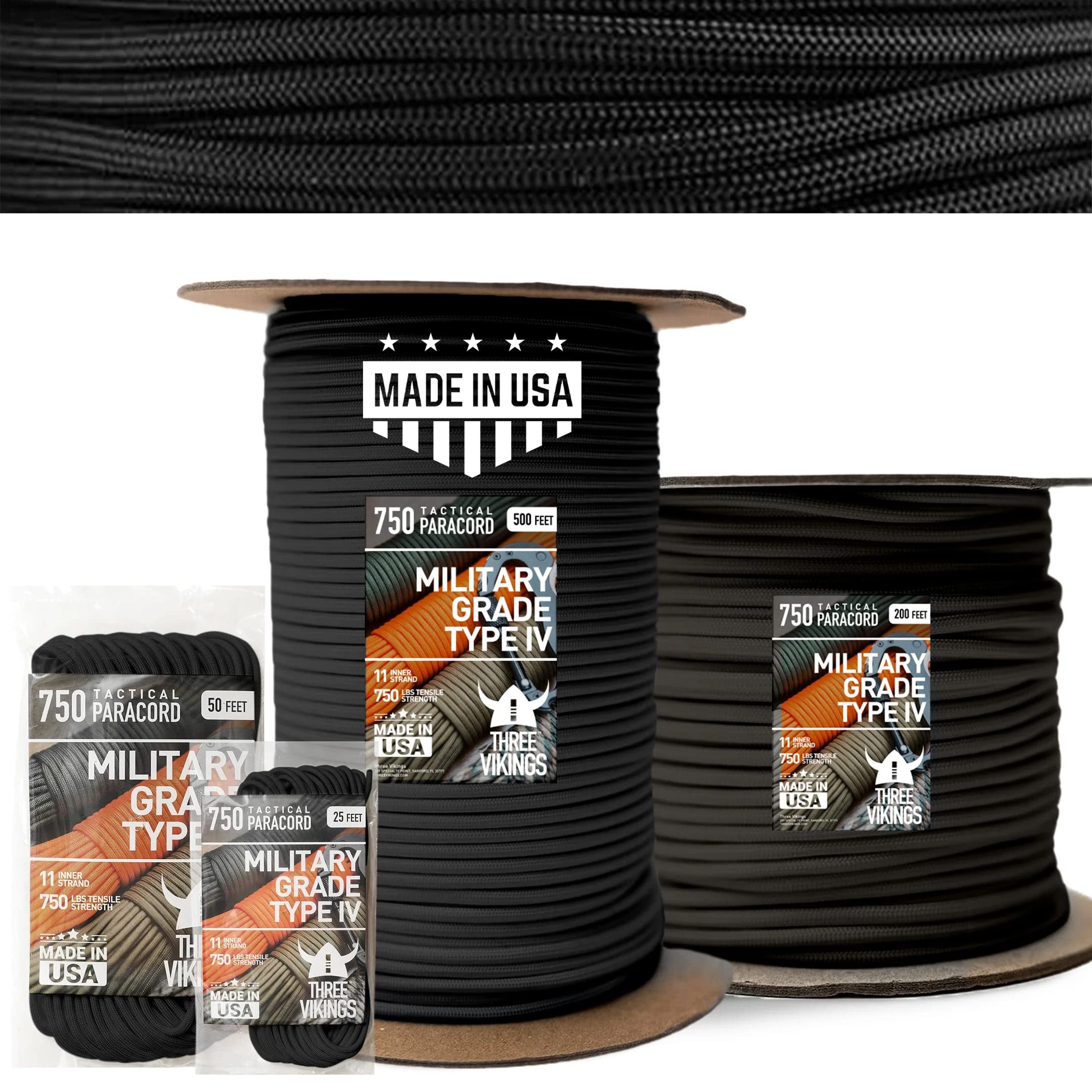 Three Vikings Paracord Rope - 100% Nylon 11 Strand Core - Type IV 750lb - Stronger Than Paracord 550 Cord - Made in USA - Available in Continuous Spools and Many Colors - - TP750-Black-100