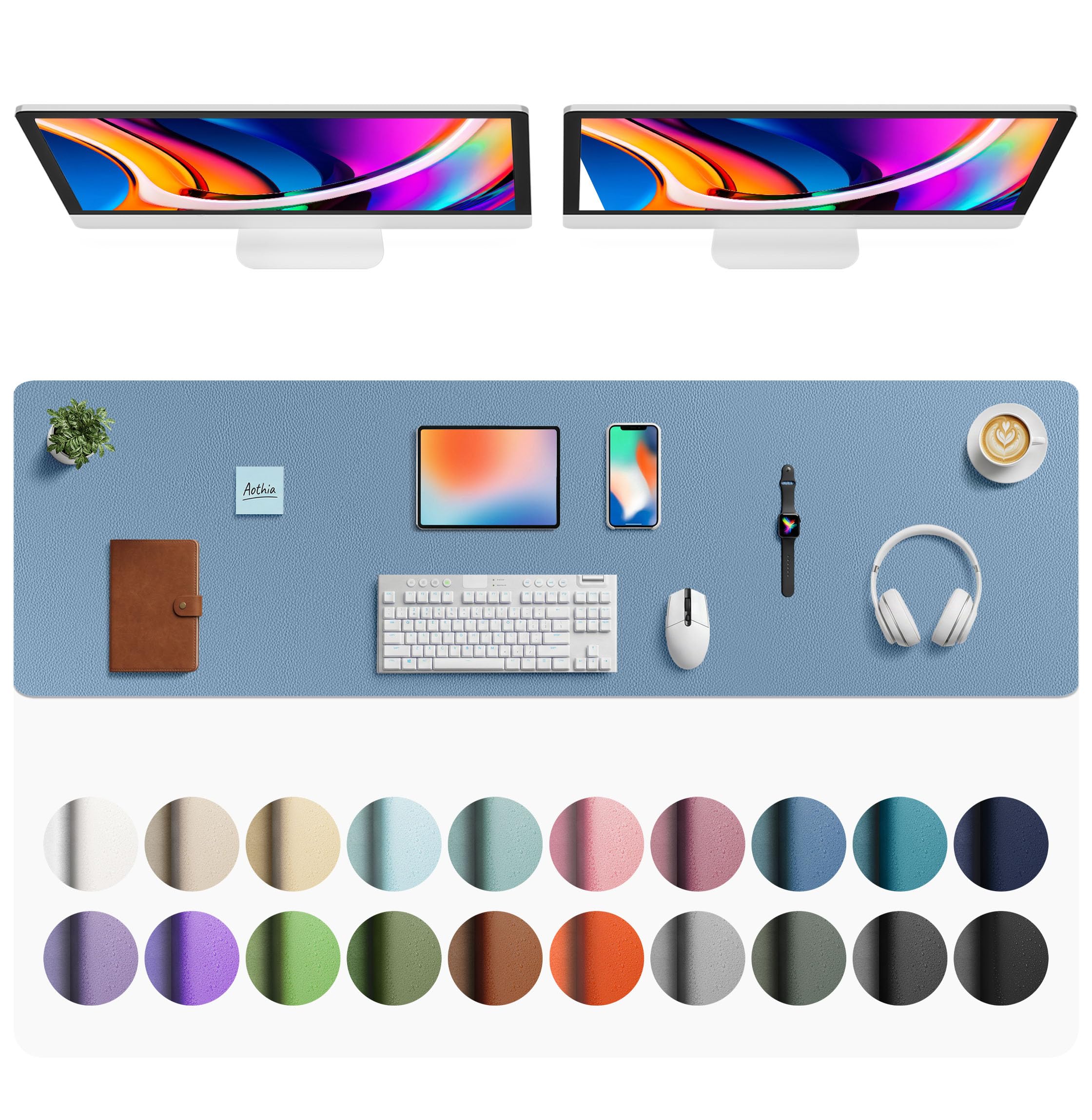 Aothia Faux Leather Desk Mat - Large Mouse Pad, Non-Slip PU Leather Blotter, Waterproof Writing Surface for Office and Home (Denim Blue, 63" x 17")