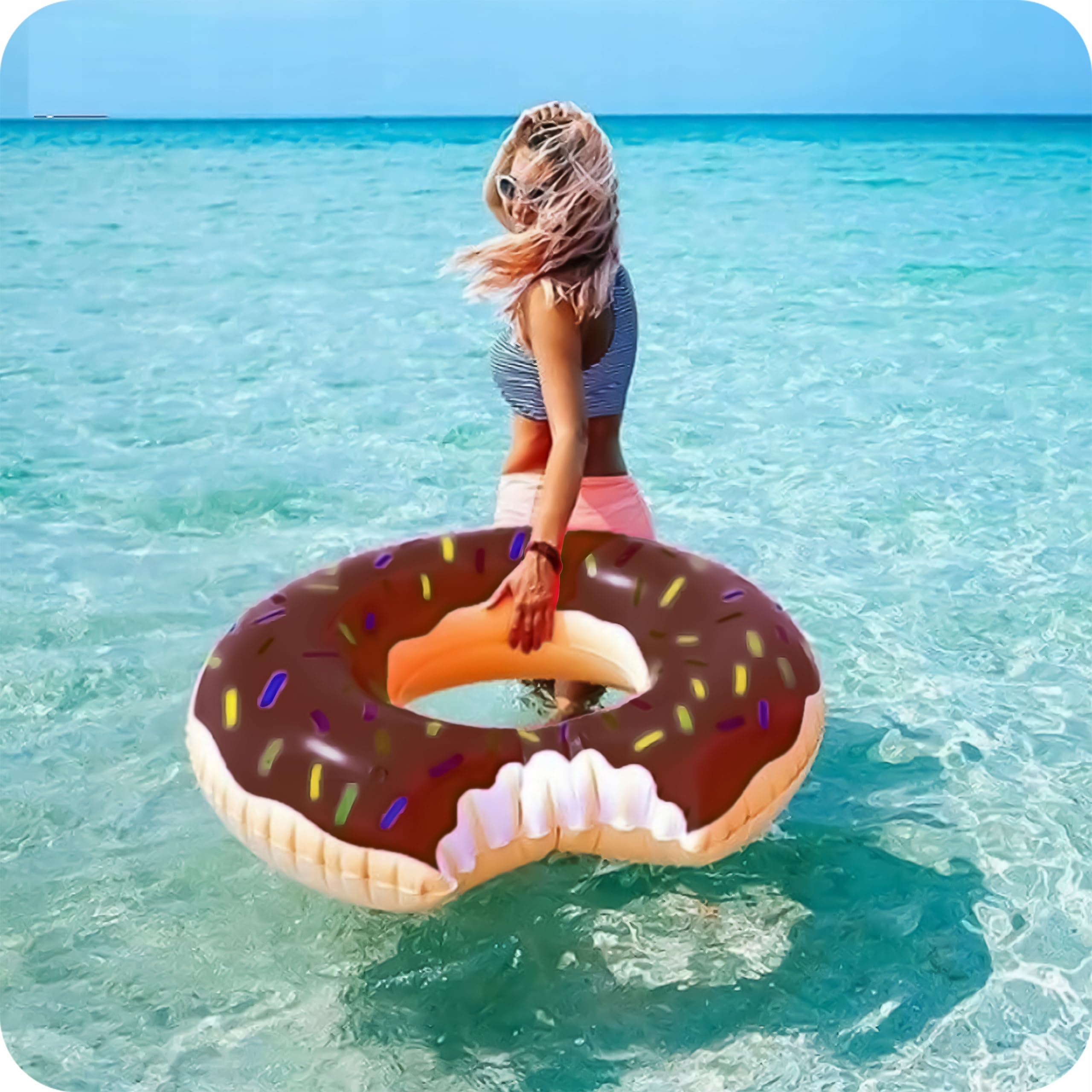 KRUMAD Koło Dmuchane Donut, Pączek z Posypką, Koło Do Pływania dla Dorosłych, Basen Plaża, Śmieszny Materac Wodny, Brązowy, PVC