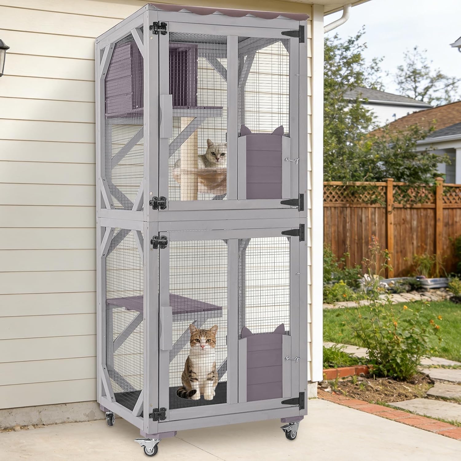 Catio Outdoor Cat Enclosure with Wheels, 62.8" Mobile Cat House with Waterproof Cover, Hammock, Scratching Post, Resting Box and Multiple Platforms, Large Kitty Cage for Cats, Wooden Cat Patio (Grey)