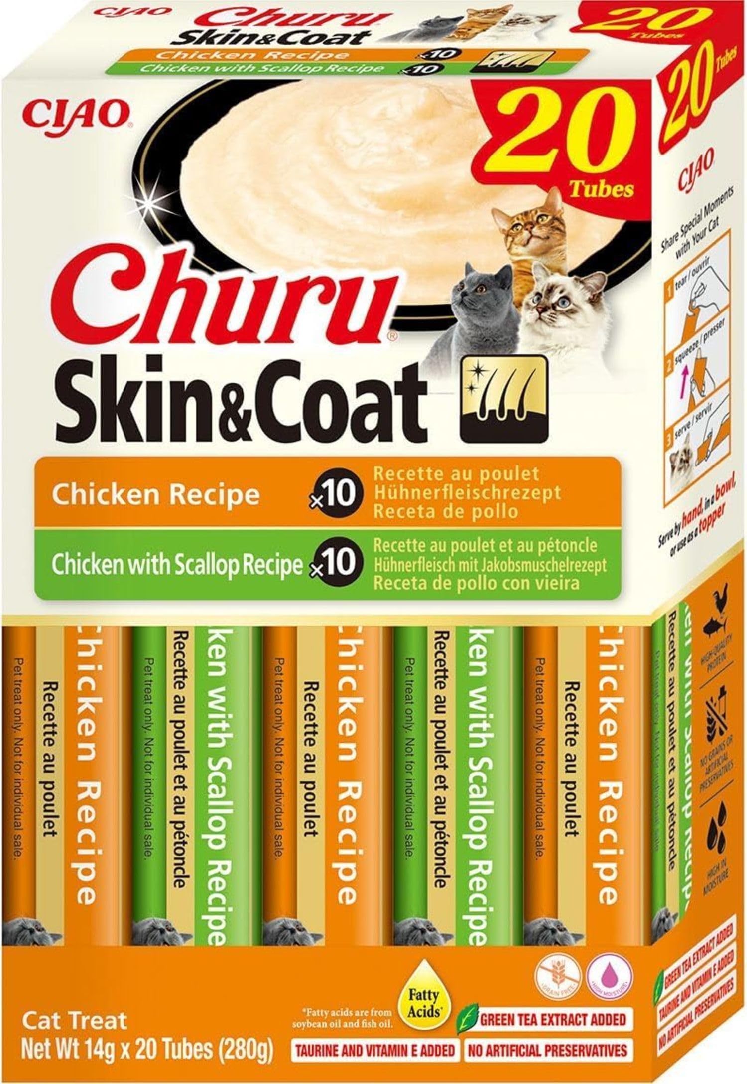 INABA Churu Skin & Coat Snack per Gatti Cremoso in 2 Varietà al Pollo - 20 Stick x 14g - Cibo per Gatti con Omega 3 e 6, Taurina e Vitamina E per la Salute di Pelle e Pelo, Snack Gatto Funzionale
