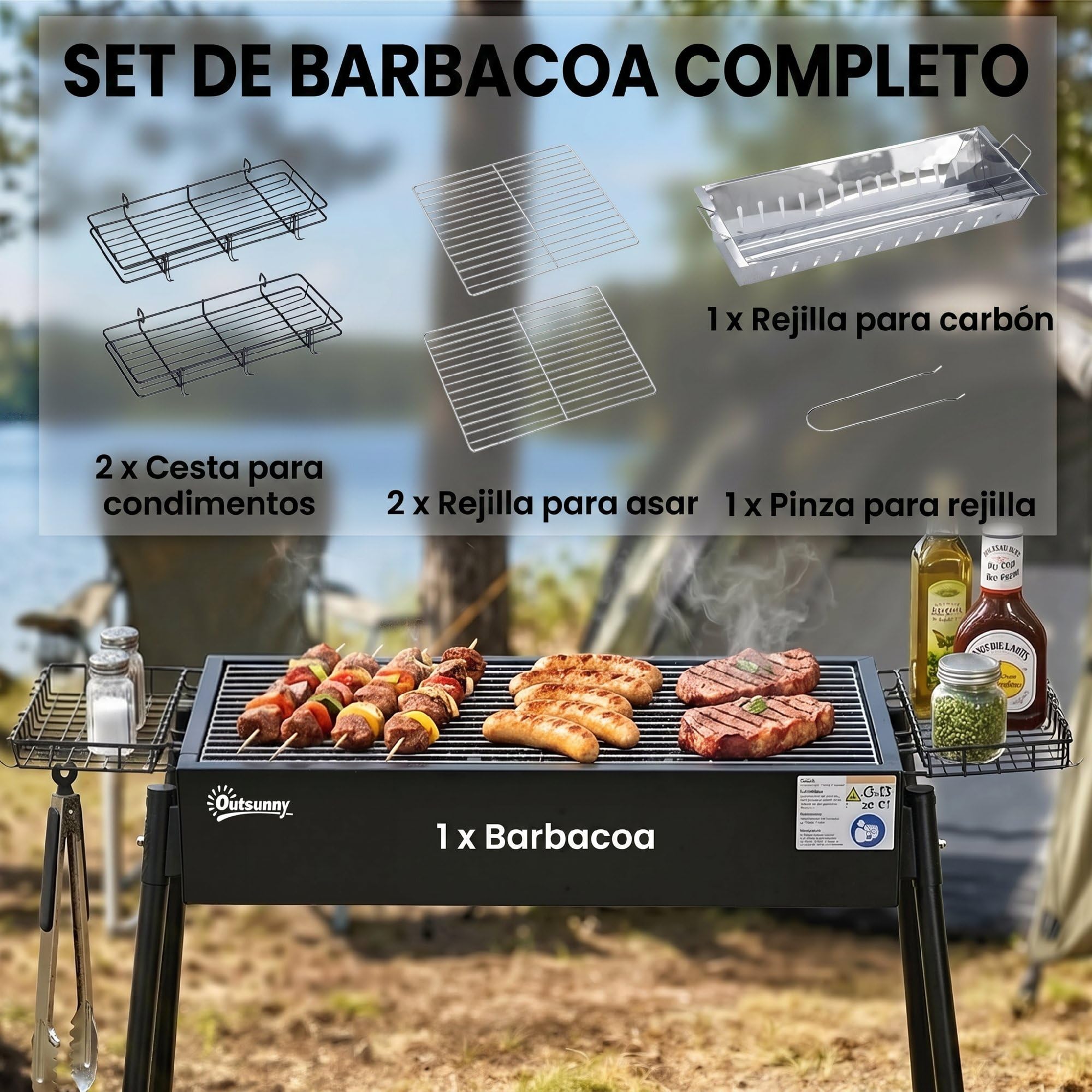 Outsunny Barbacoa de Carbón con 2 Parrillas de Acero Inoxidable Barbacoa Portátil con 2 Especieros para Acampar Picnic Camping Jardín 94x39x70 cm Negro