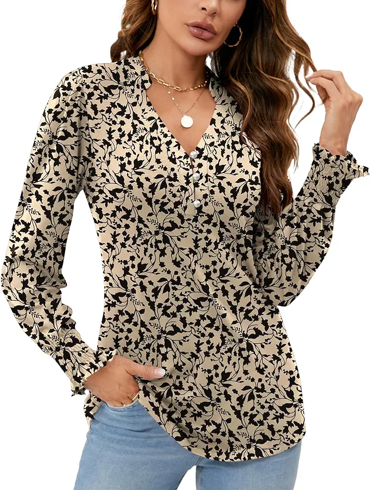 Rapbin Womens V Neck Puff Long Sleeve Button Down Tunic Blouses Fall Tops 2025 Ruffle Cuffs Dressy Casual T-Shirts