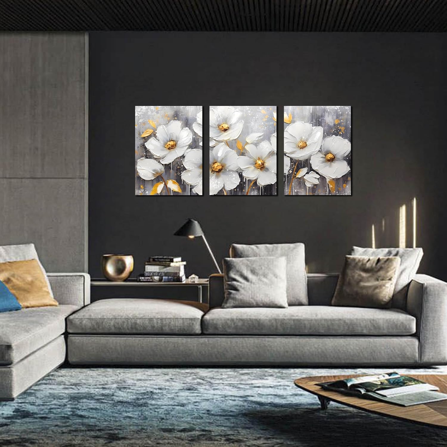 CIRABKY White Gold Floral Wall Art - Modern, Romantic 12" x 16" x 3PCS Wrapped Canvas Art Print for Bedroom, Living Room, Office