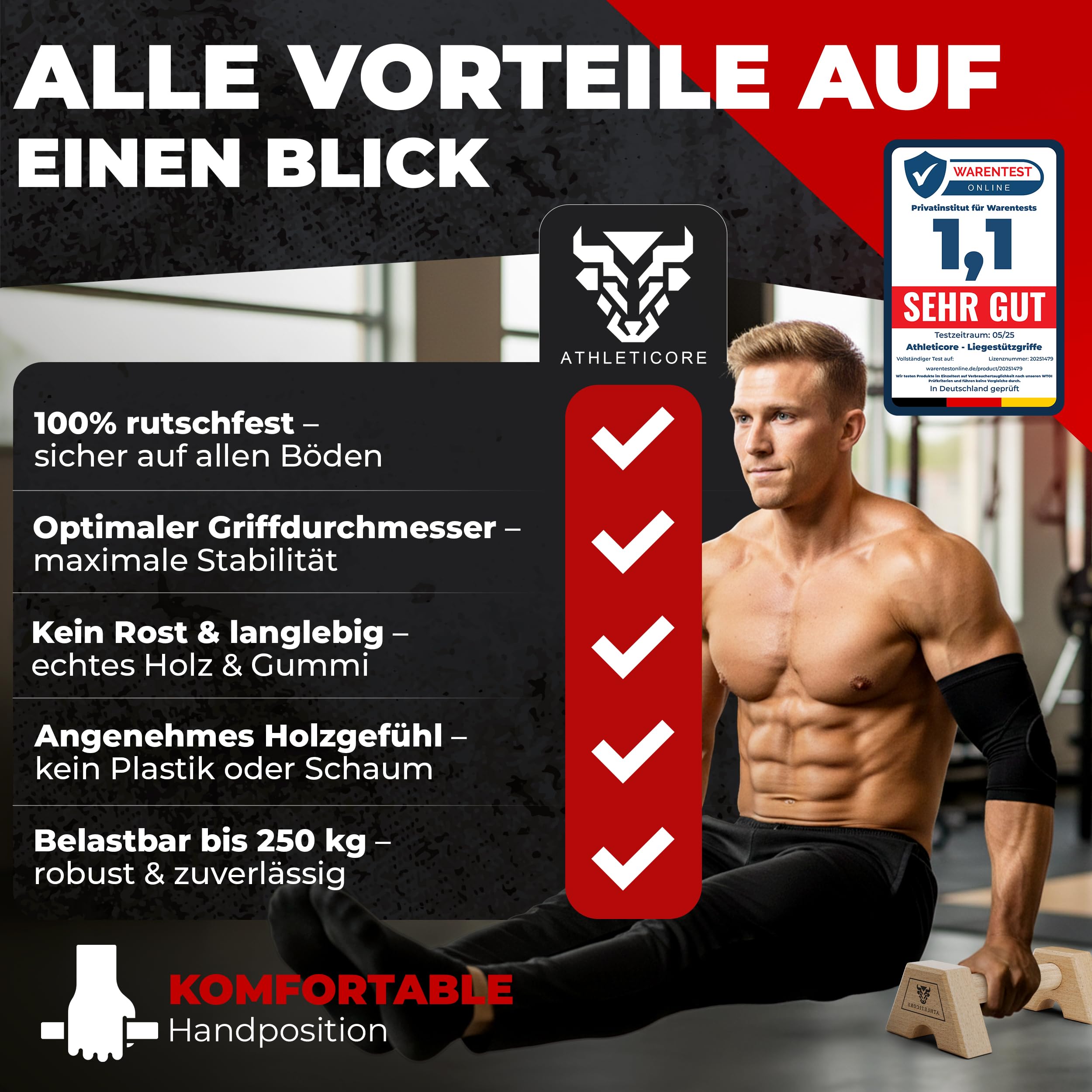 Liegestützgriffe Set (2x) aus Buchenholz - ohne Wackeln - gelenkschonend & rutschfest – Parallettes für Indoor & Outdoor – Optimal für Handstand & Liegestütze - Fitnessgeräte für Zuhause